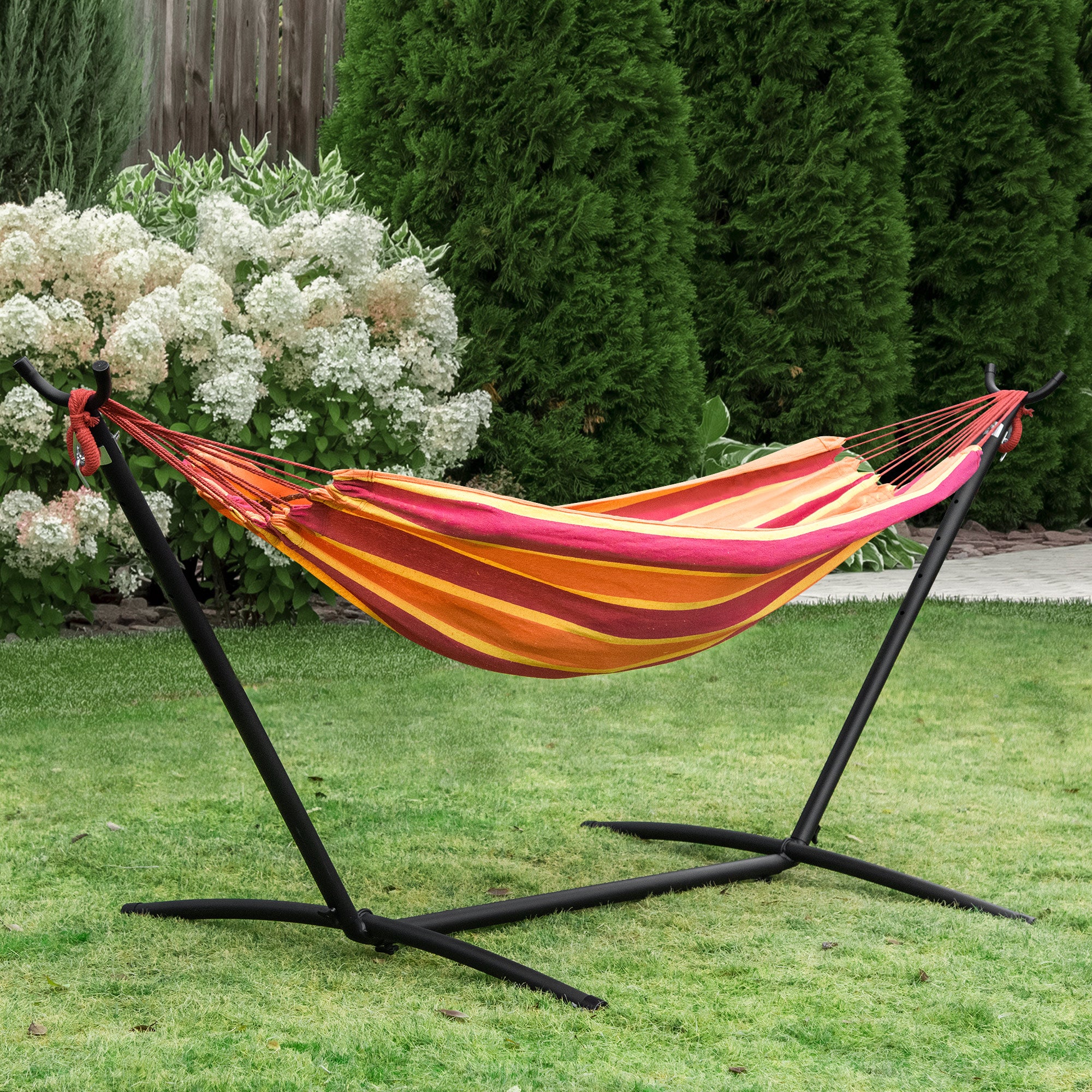 298 x 117cm Hammock with Stand Camping Hammock with Portable Carrying Bag, Adjustable Height, 120kg Load Capacity, Red Stripe