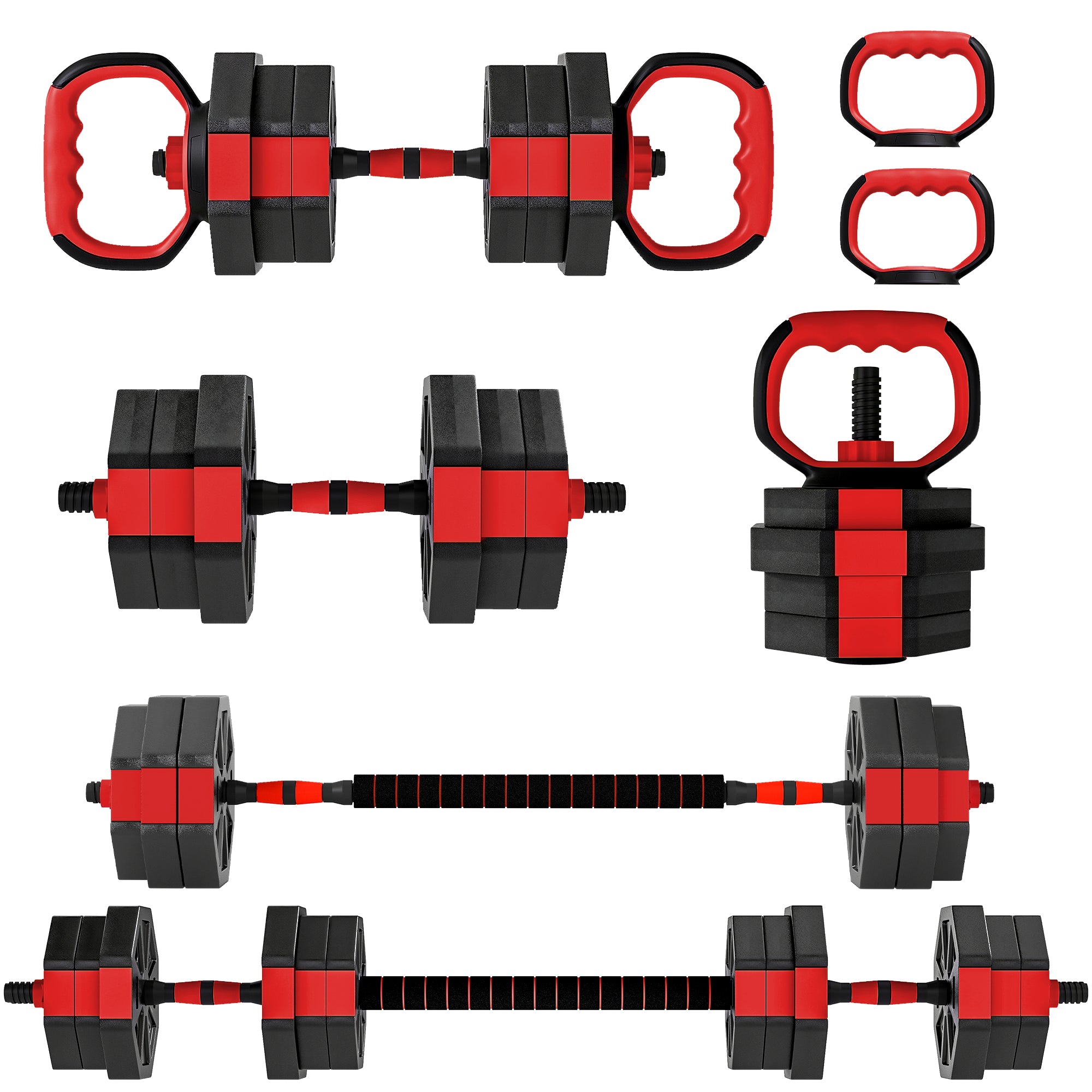 6-in-1 Adjustable Weight Dumbbells Set, Used as Kettlebell, Barbell, Dumbbell, Push-Up Stand, 20kg Free Weights Set for Men and Women Home Gym Training, Red