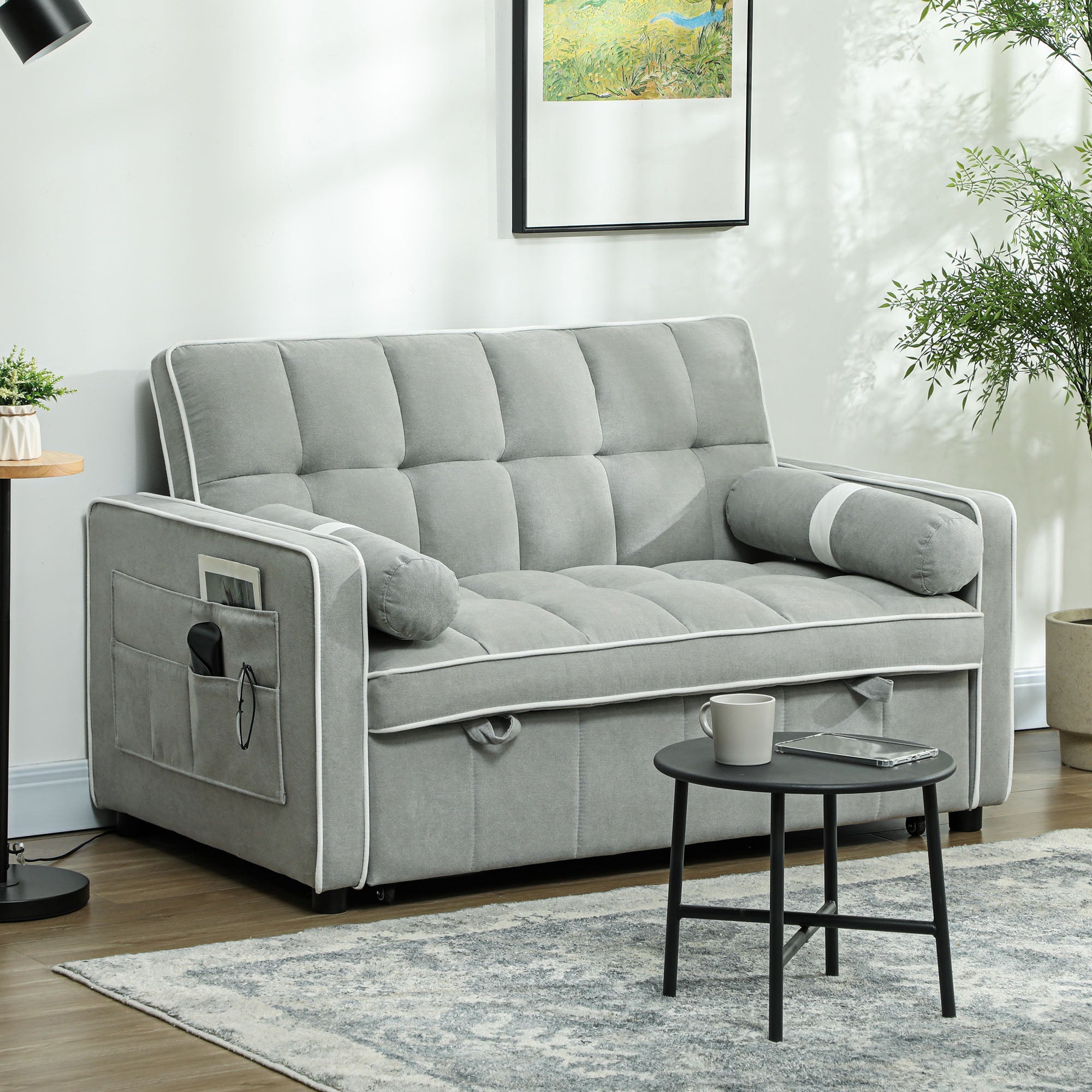 Two-Seater Linen-Look Sofa Bed with Recliner and Storage Pockets - Light Grey