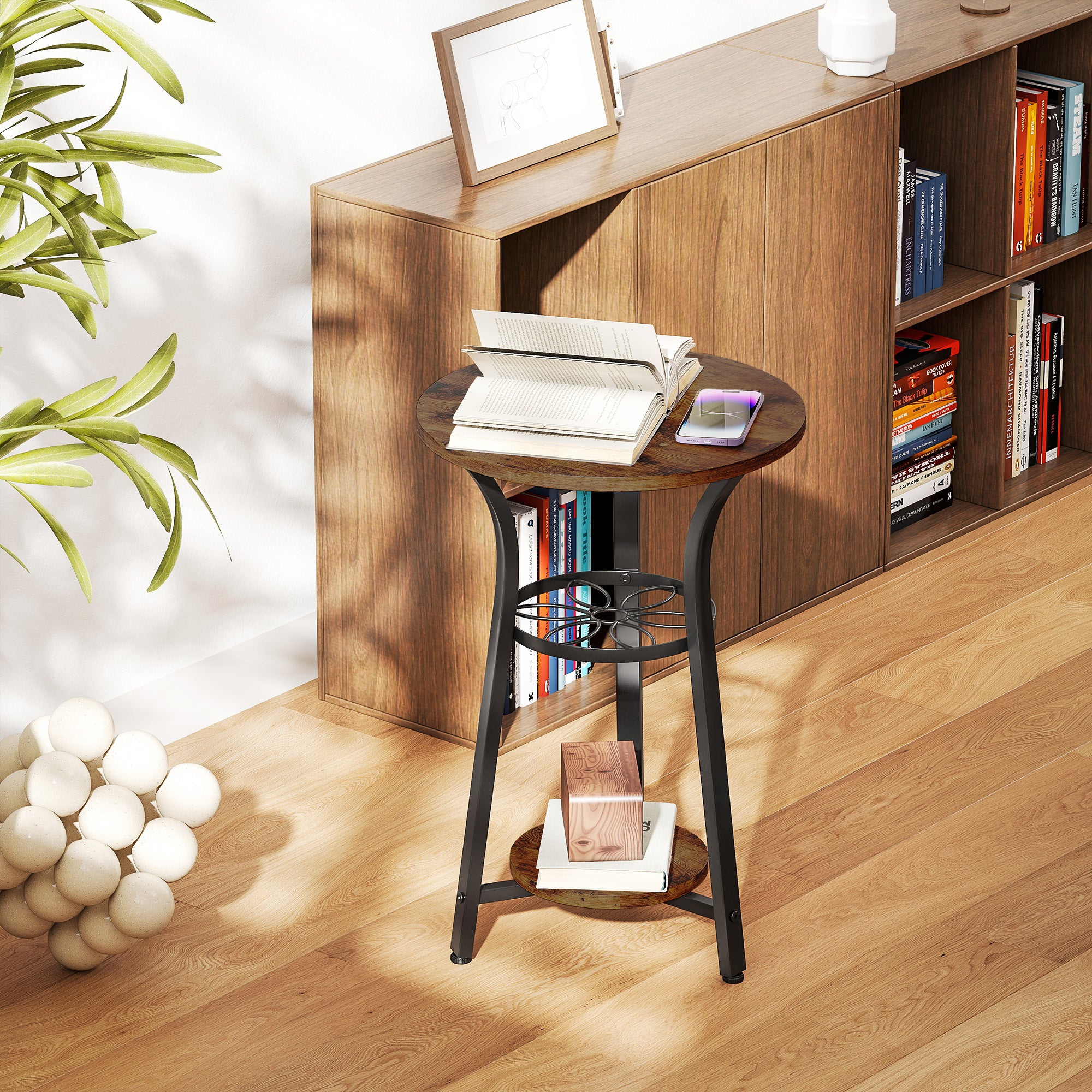 Small Round Side Table with 3 Storage Shelves - Rustic Brown