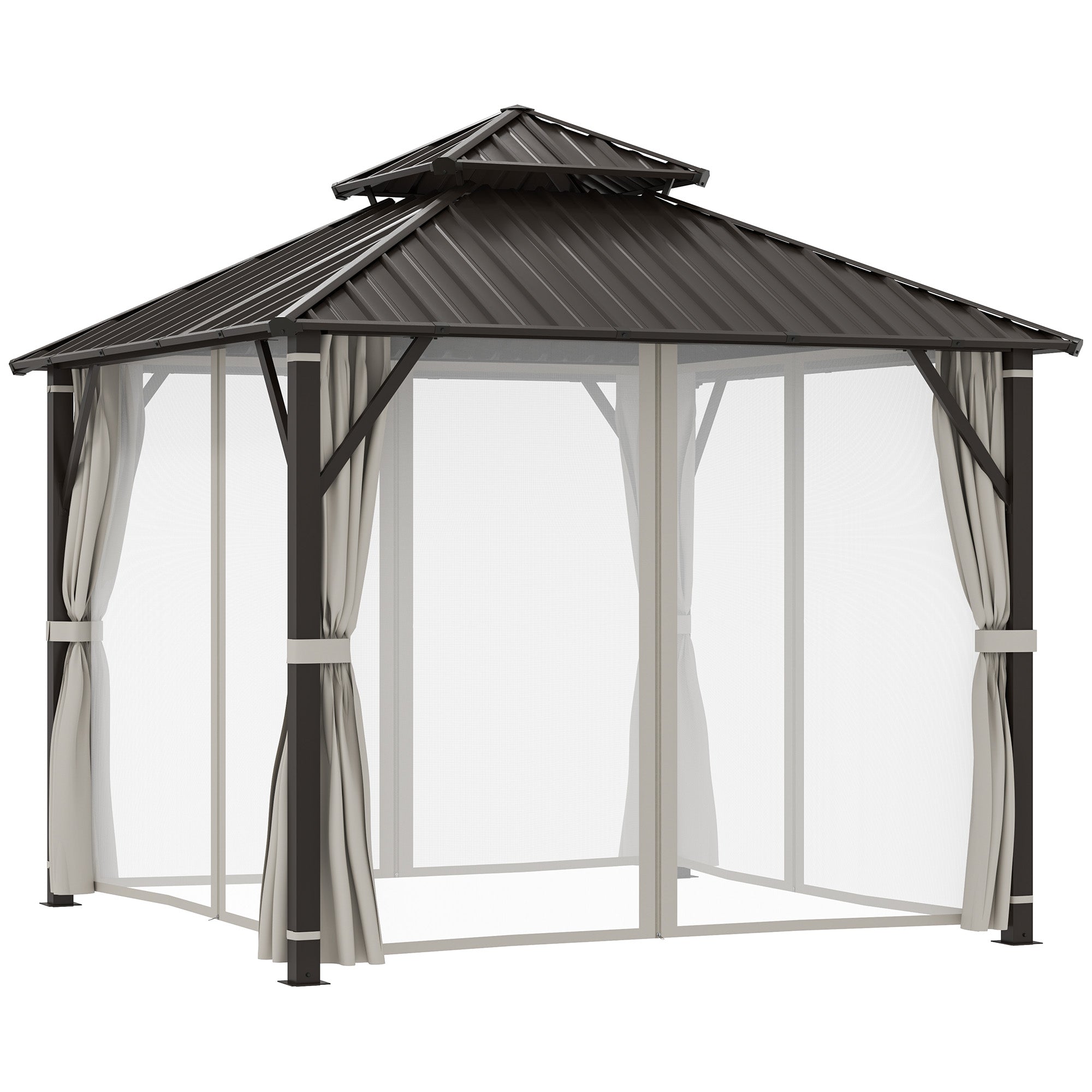 3 x 3m Hardtop Gazebo Canopy with Double Metal Roof, Netting & Curtains - Beige