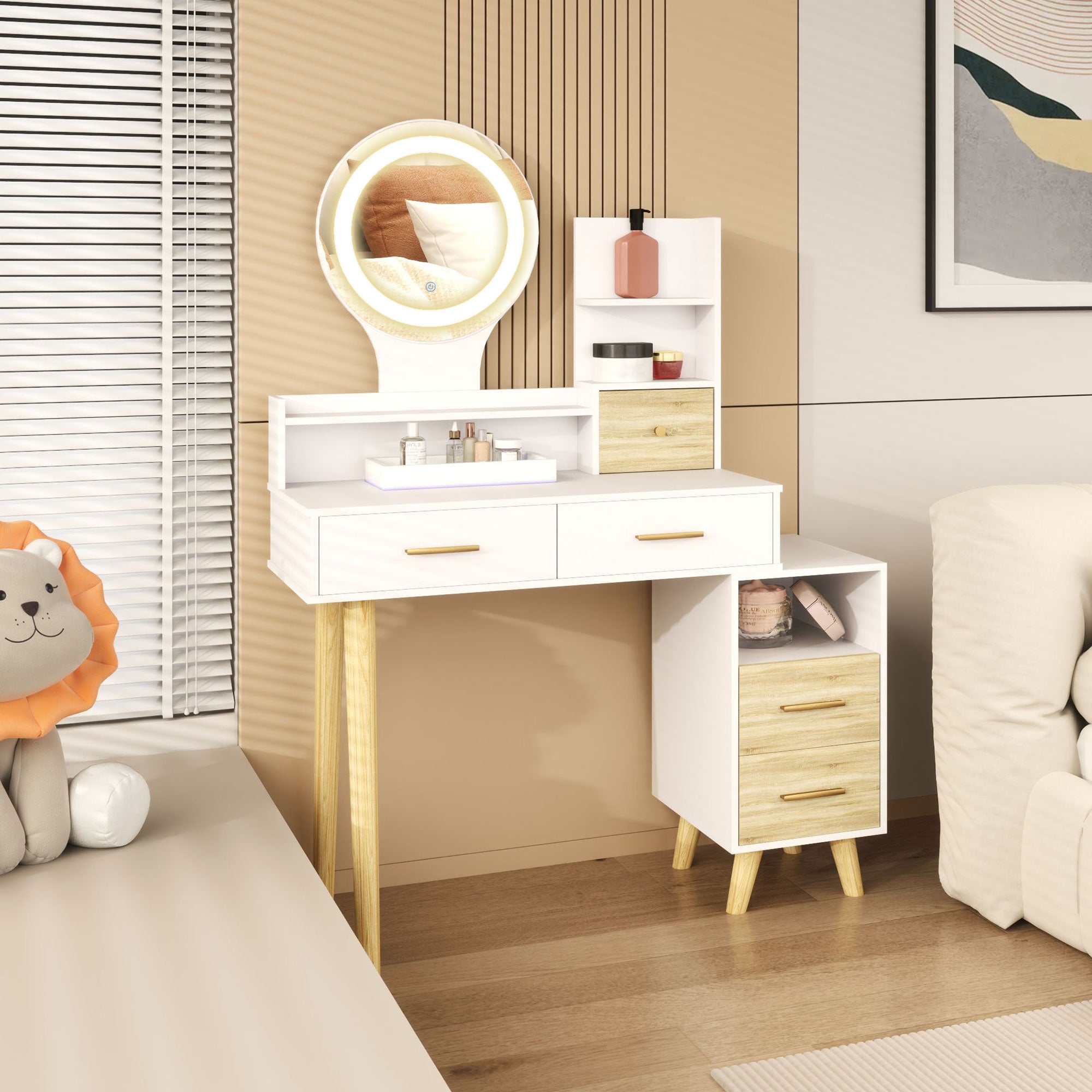 Elegant White Dressing Table with LED Mirror and Storage Drawers - White