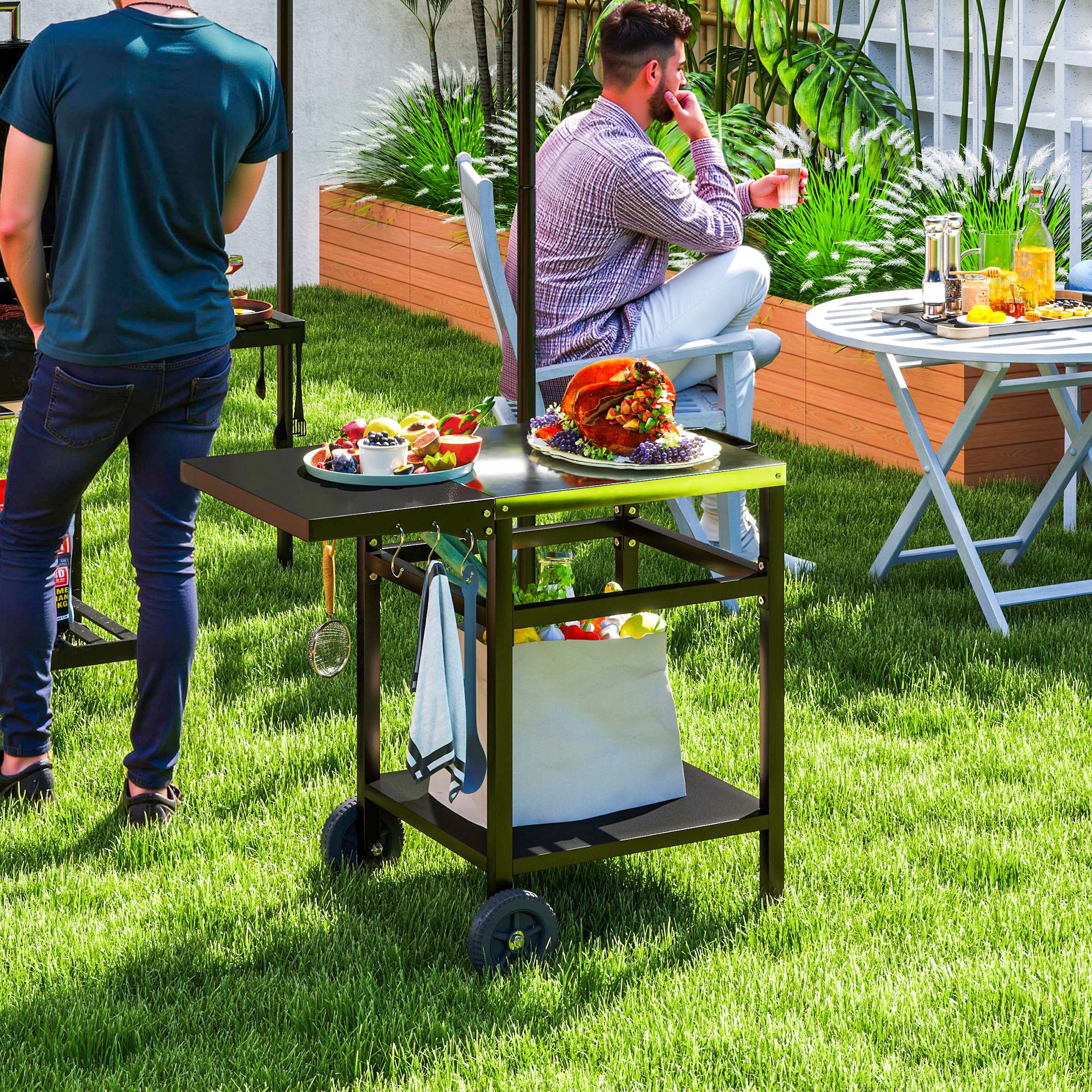 Outdoor BBQ Trolley with Stainless Steel Top, Foldable Side Table & Hooks - Black
