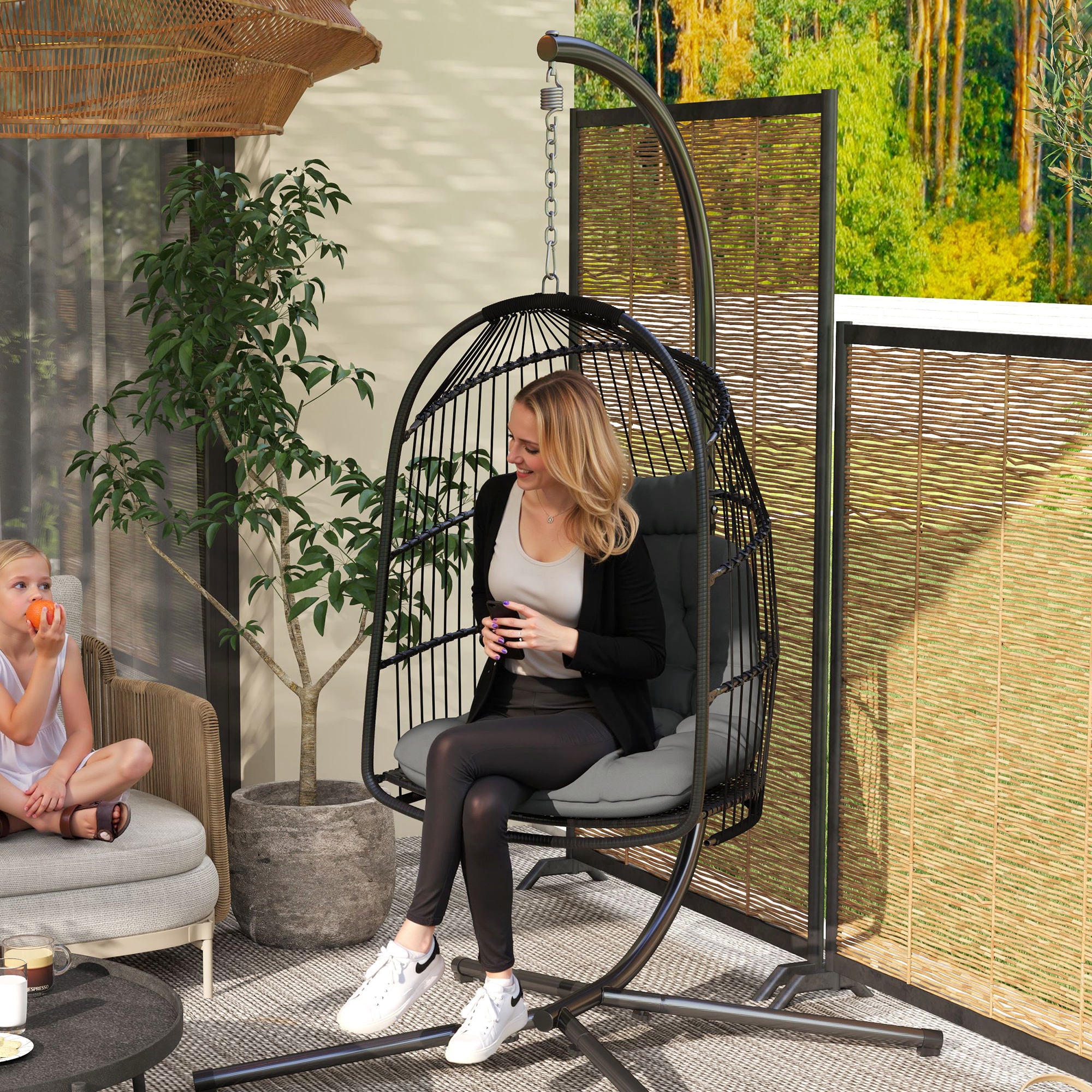 Foldable Hanging Egg Chair with Cushion, Headrest & Installation Kit for Indoor Outdoor - Dark Grey