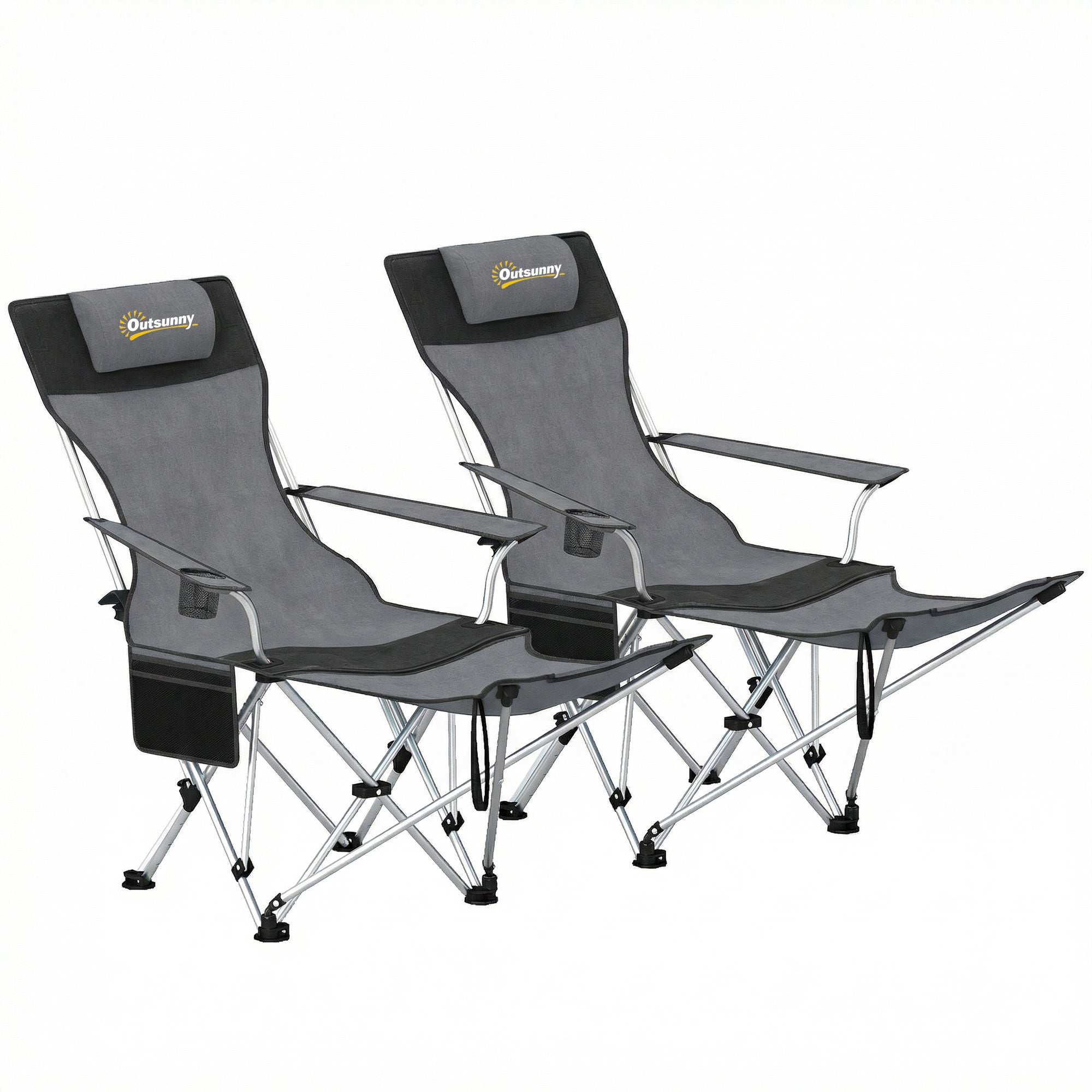 Set of 2 Reclining Folding Camping Chair w/ Detachable Footrest, Storage Bag, Cup Holder & Headrest, Lightweight Portable Camp Chair for Beach, Picnic, Grey and Black