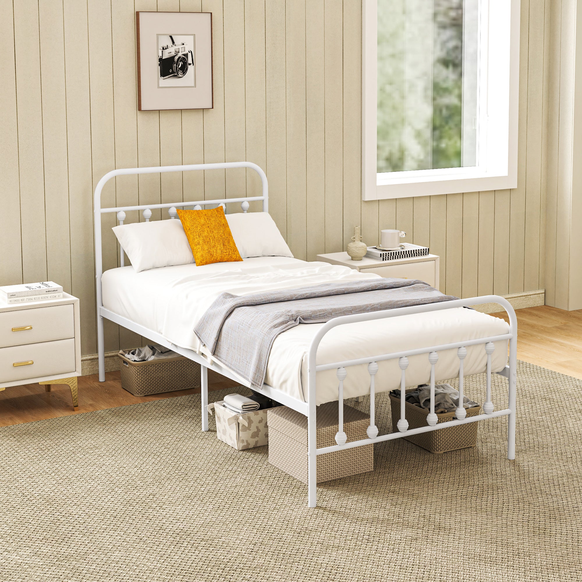 Single Minimalistic Metal Bed Frame - Durable Powder Coated Steel - White