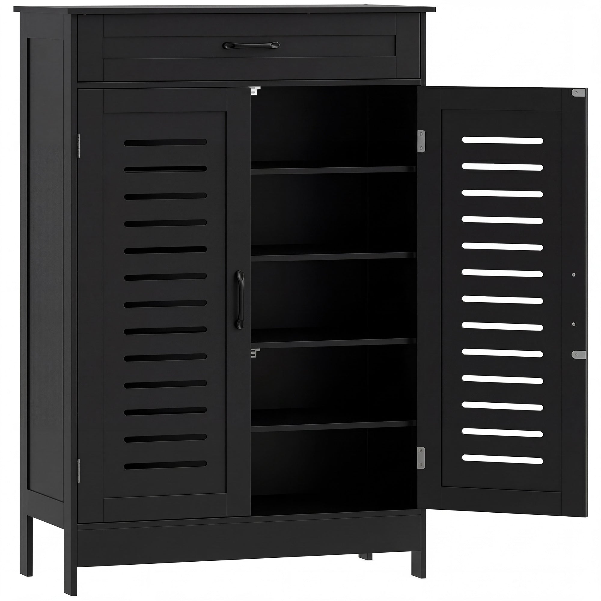 Shoe Cabinet with Louvered Doors, Modern Shoe Storage Cabinet with Drawer and Adjustable Shelves, Black