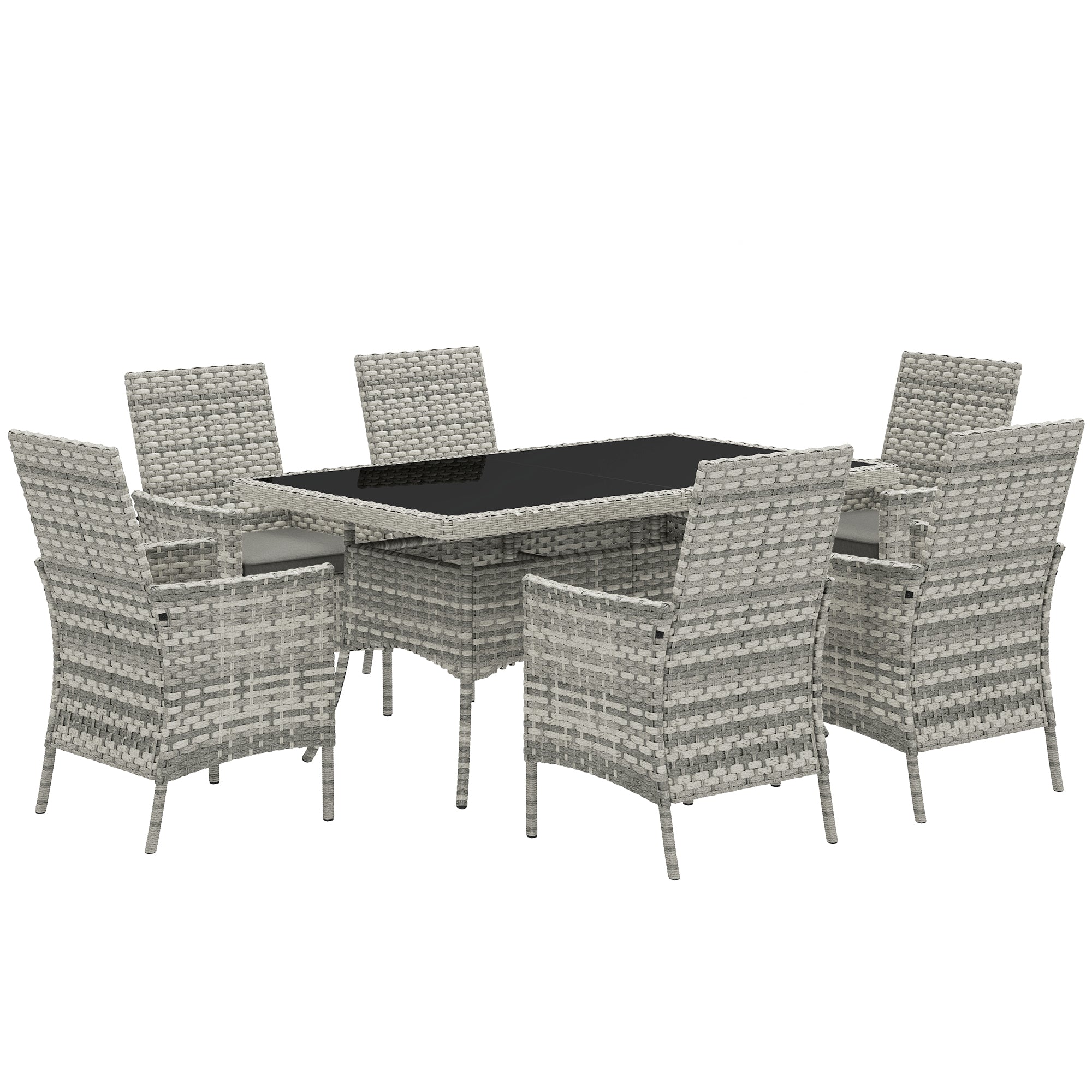 Seven-Piece Rattan Dining Set with Cushions and Tempered Glass Tabletop - Mixed Grey