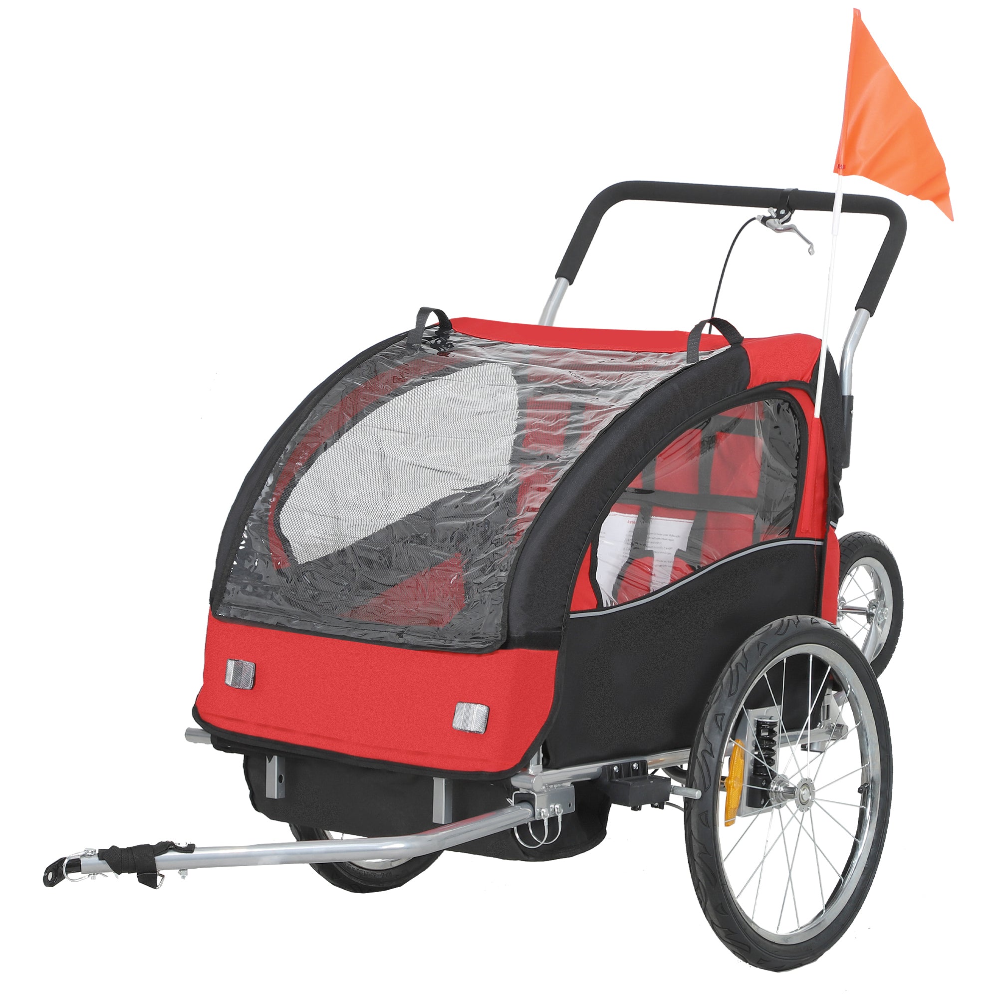 2 Seat Bike Trailer with 5 Point Harness, Baby Bike Stroller with Safety Flag, Reflectors, for 18+ Months, Red