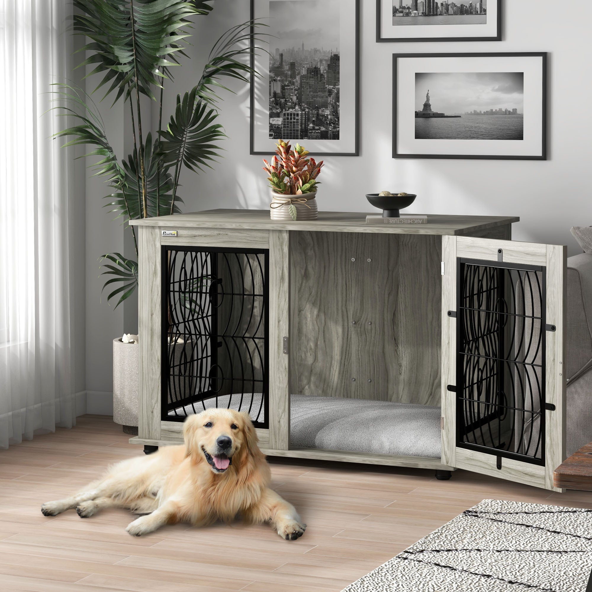Indoor Dog Crate Furniture End Table with Soft Washable Cushion, Lockable Front Door, for Extra Large Dogs - Grey