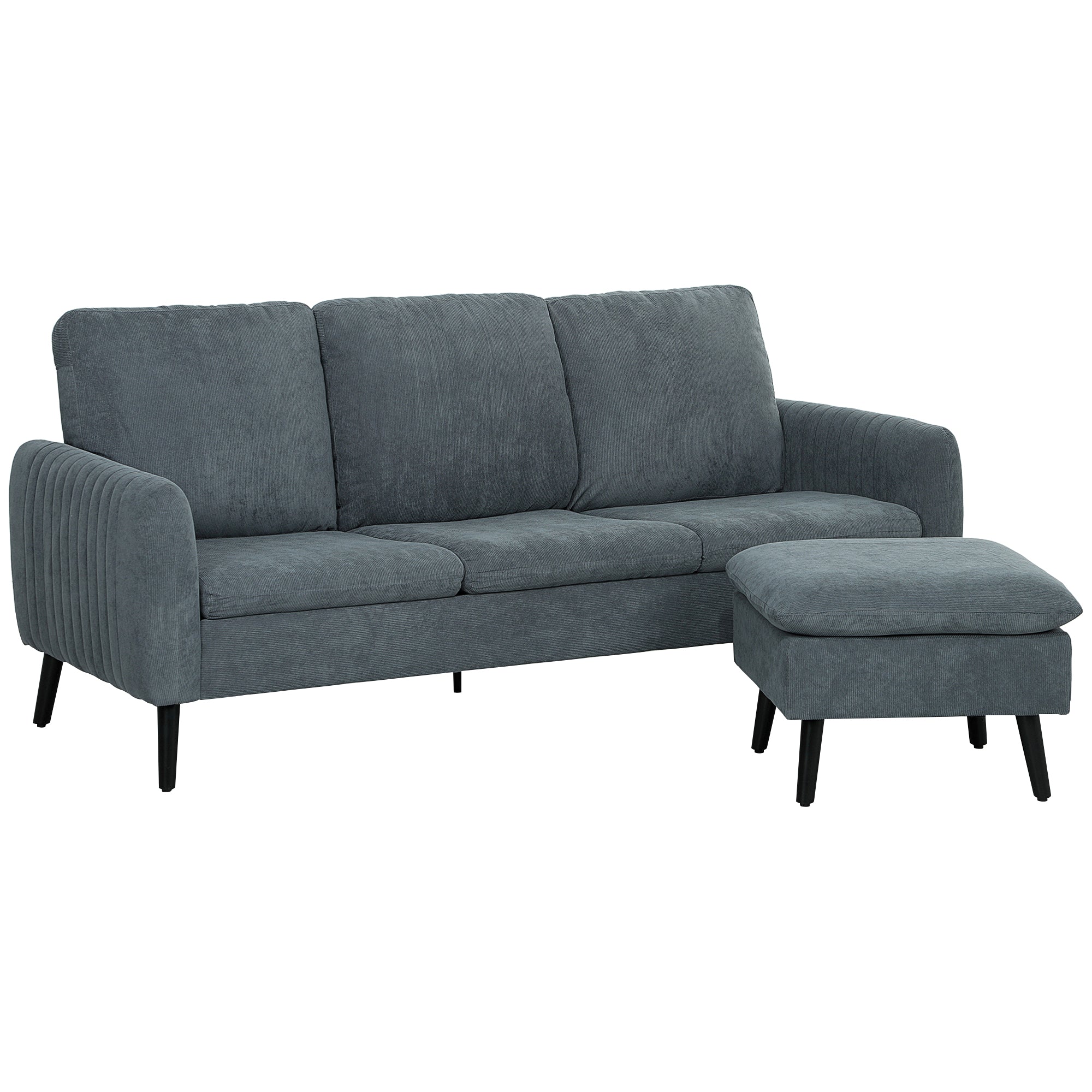 Corner Sofa with Reversible Chaise Lounge, Corduroy Fabric 3 Seater Sofa Settee for Living Room, L Shaped Couch with Scatter Back, Left/Right Hand, Charcoal Grey