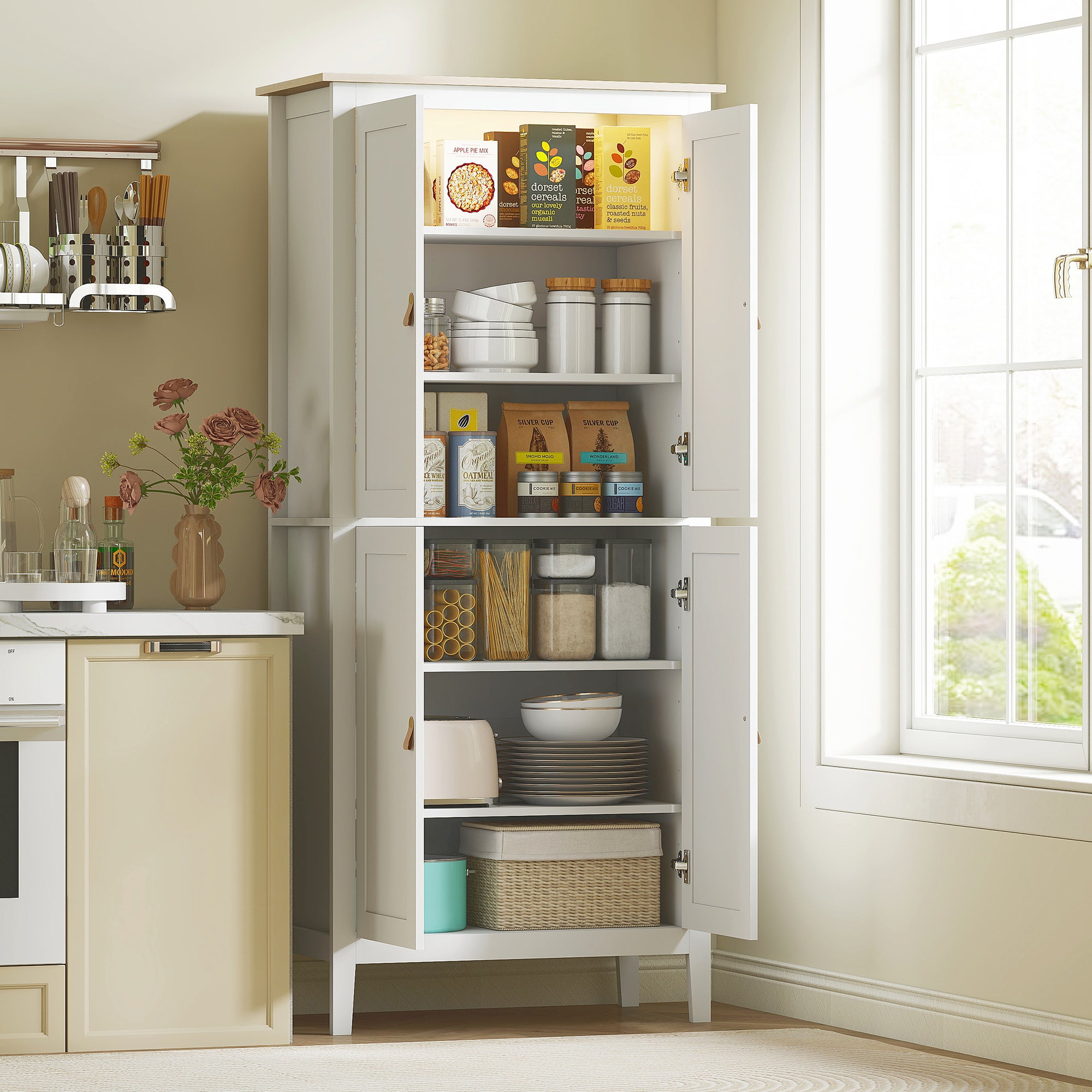 176.5 cm Tall Pantry Cupboard with Motion Sensor LED Light - White