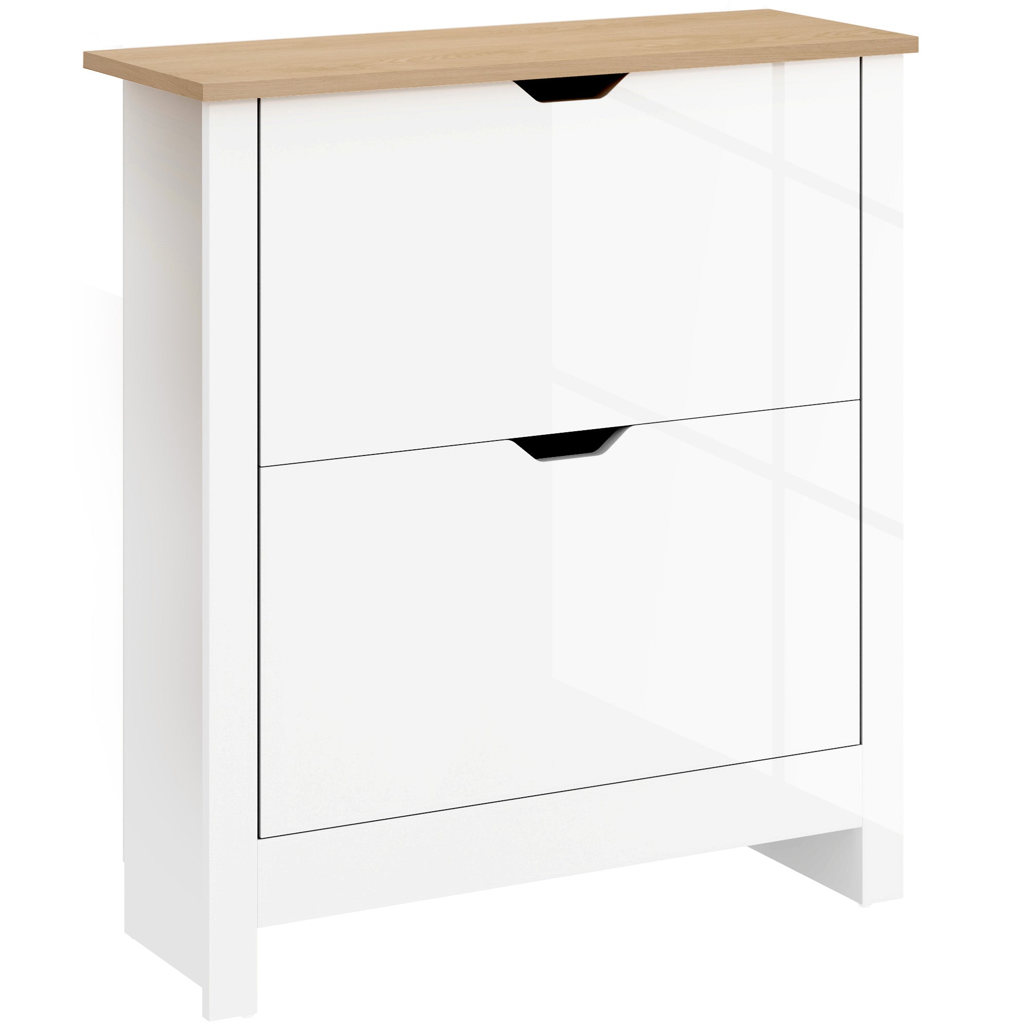 Slim Shoe Cabinet, Narrow Shoe Cupboard with 2 Flip Drawers, Adjustable Shelves for 12 Pairs of Shoes, High Gloss White