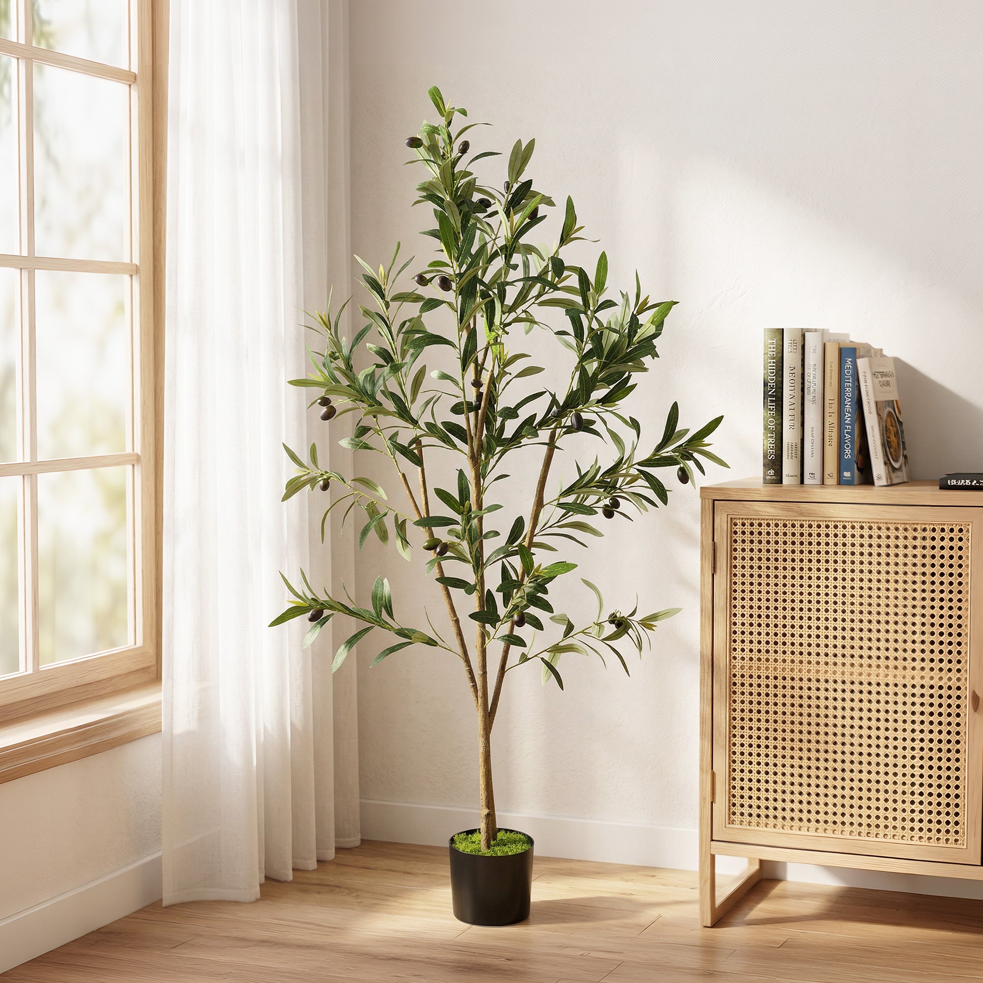 Decorative Artificial Plant, 120 cm Silk Olive Tree with 303 Leaves in Cement Pot, Fake Plant