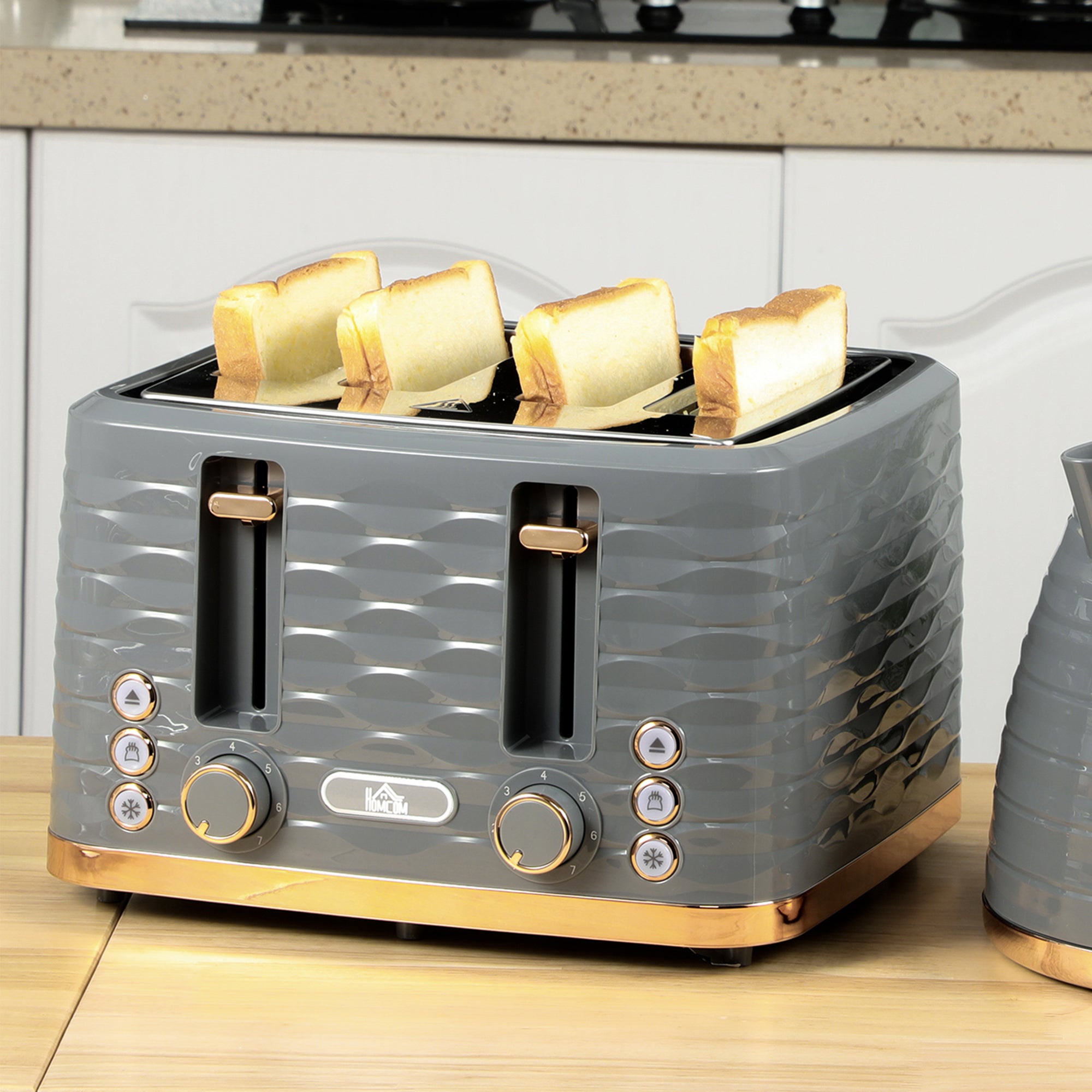 Four-Slice Rippled Toaster with 7 Settings and Safety Features - Grey