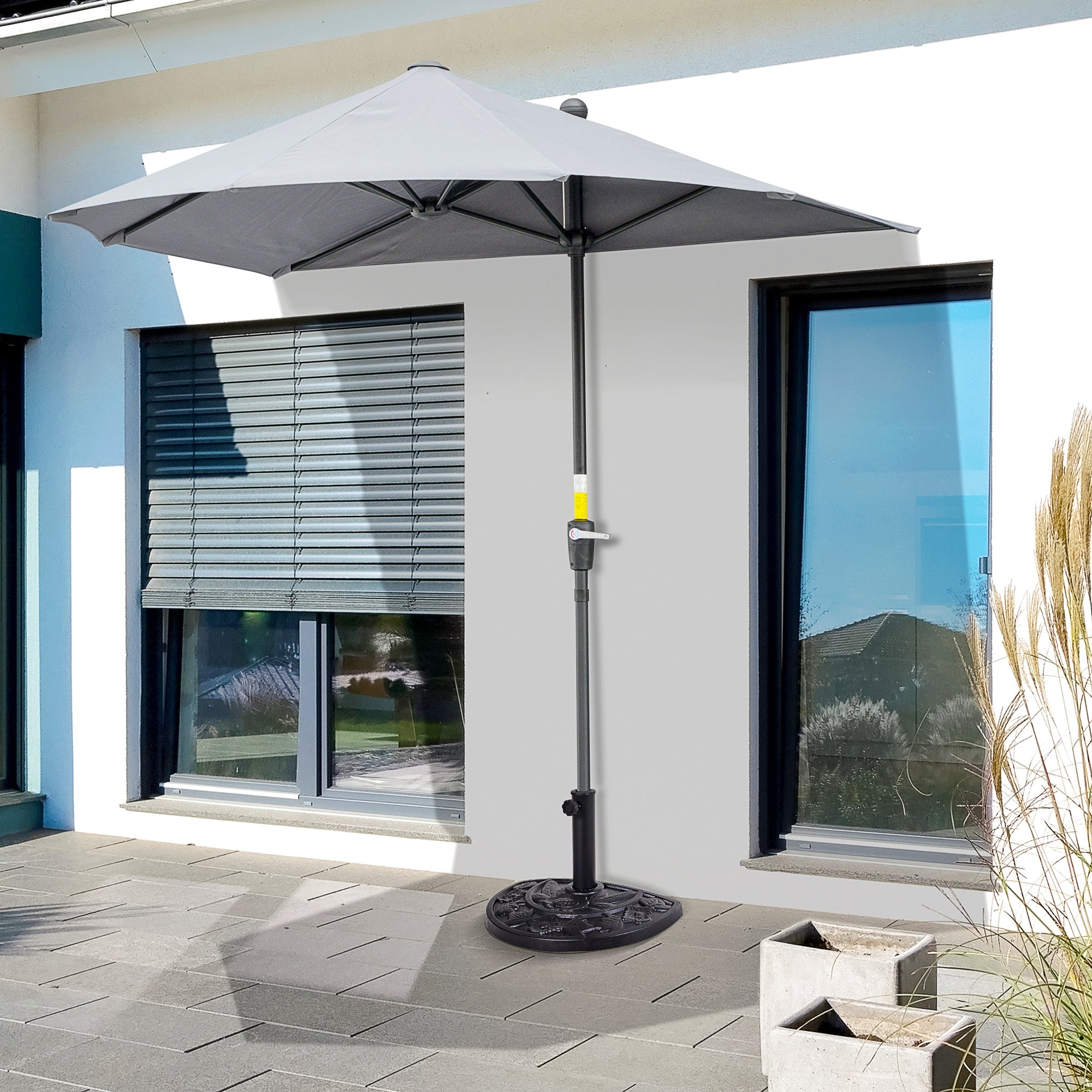 9kg Half Round Resin Parasol Base with Floral Design for Φ3.8cm & Φ4.8cm Umbrella Rod - Black