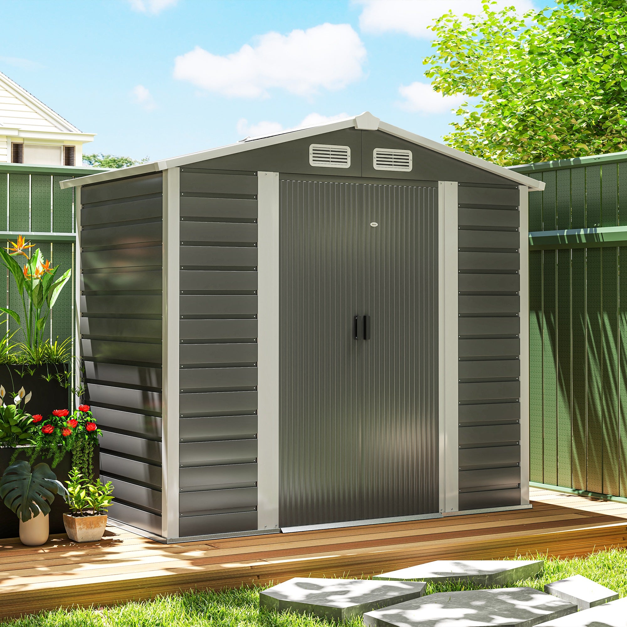 7 x 4ft Metal Garden Shed with Galvanised Steel Frame - Dark Grey