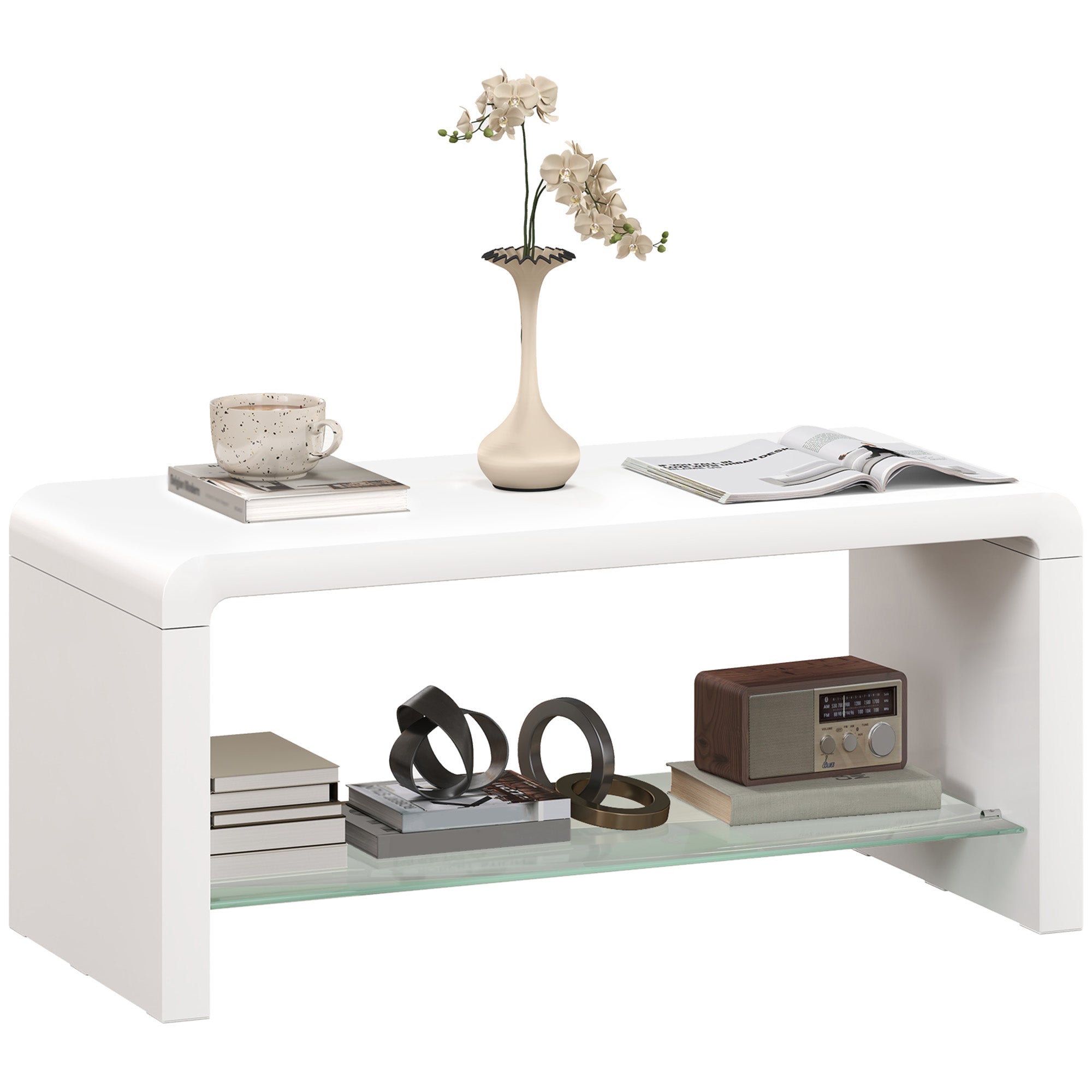 Curved Two-Tier Coffee Table with Glass Shelf - High Gloss White