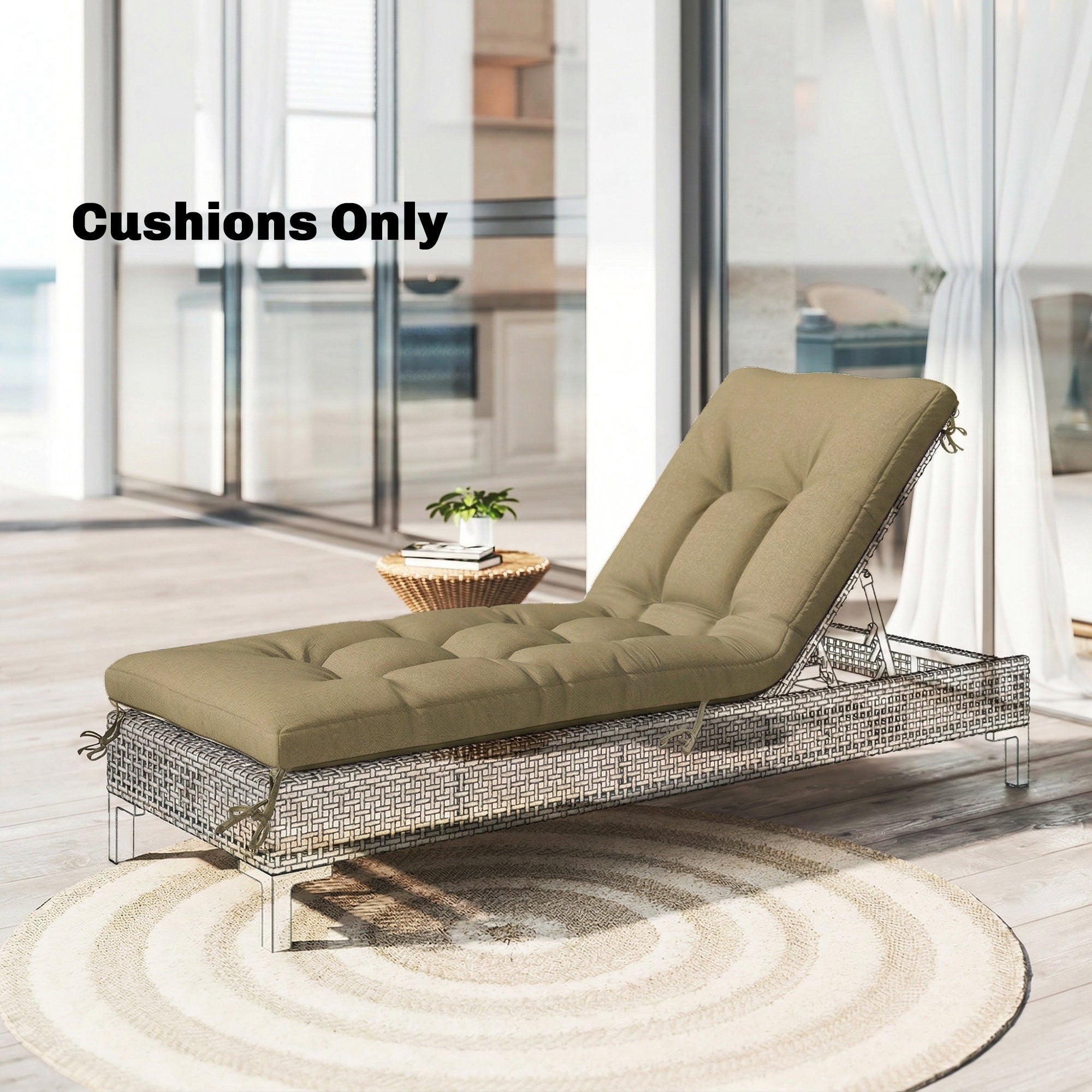 Sun Lounger Cushion, Memory Foam Patio Chair Cushion with Ties, Outdoor Seat Pad Fits 190 x 60 cm Lounger, Sand