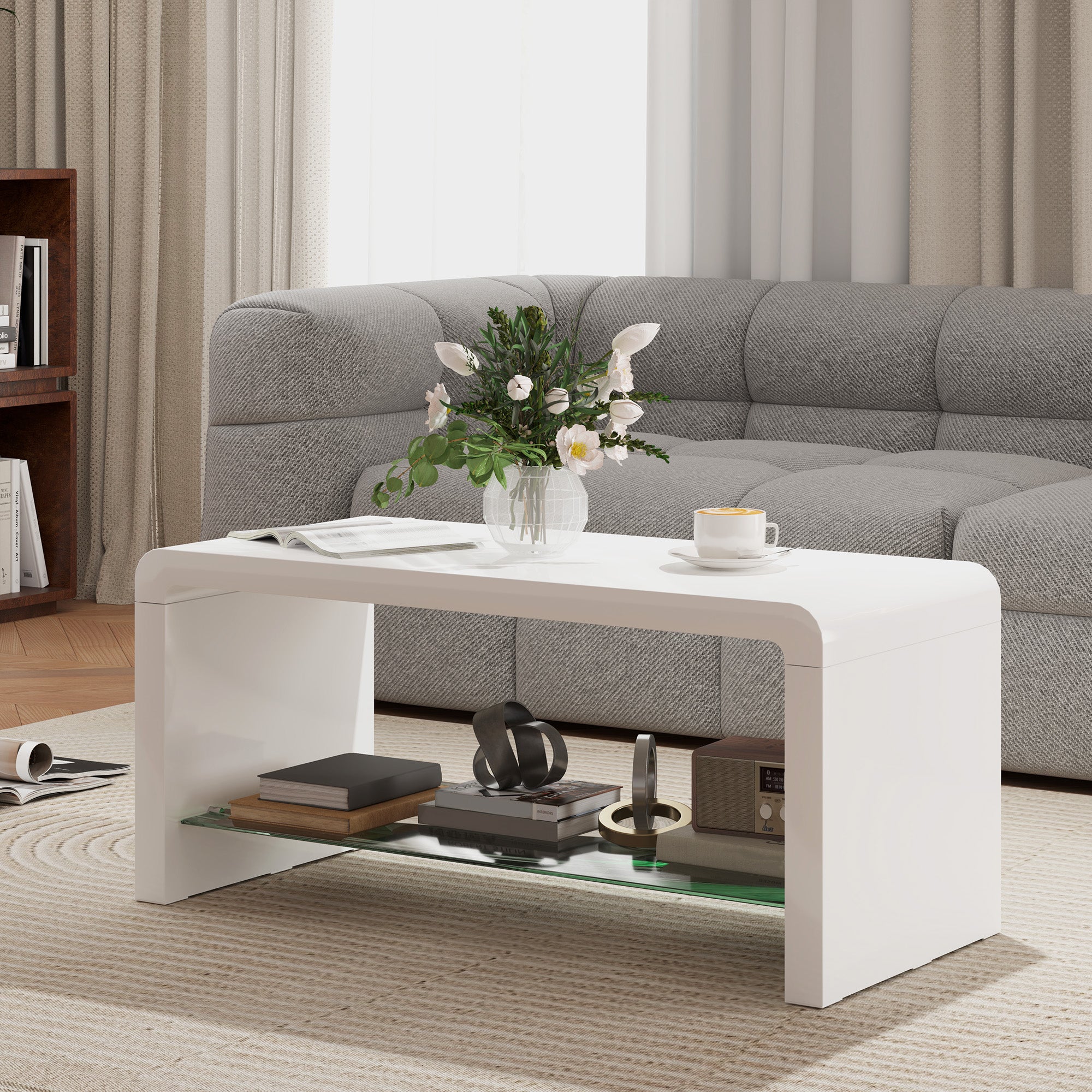 Curved Two-Tier Coffee Table with Glass Shelf - High Gloss White