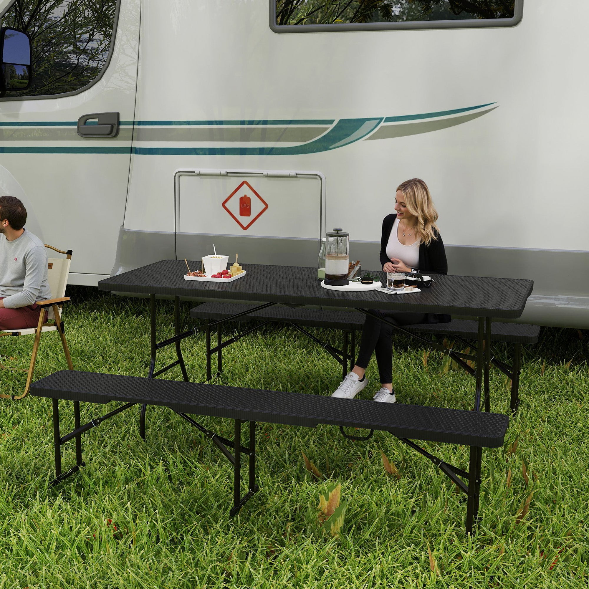 Portable Rattan Effect Folding Picnic Table Set for Outdoor Dining - Black