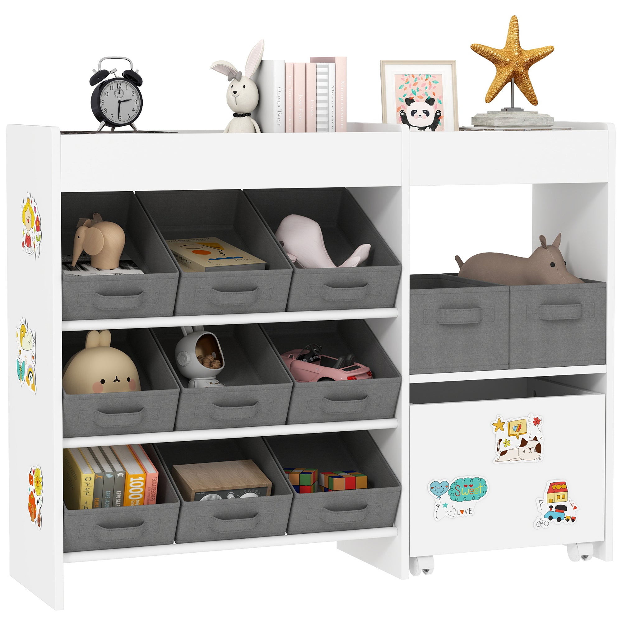 Kids Toy Storage Unit with 11 Fabric Bins and Shelves - White