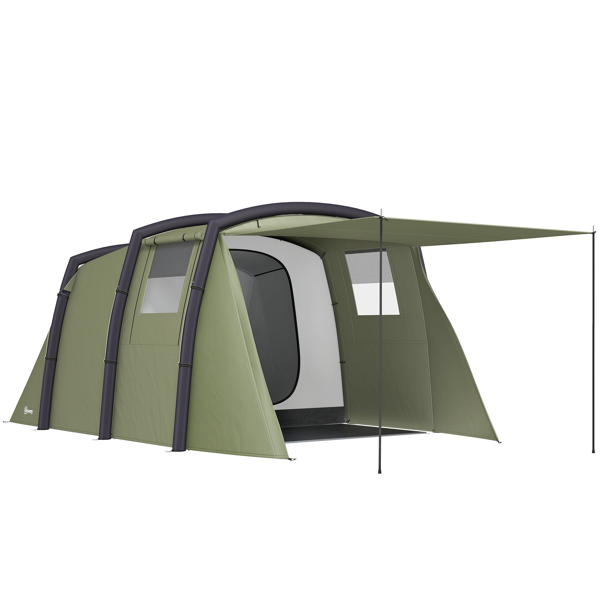 Inflatable 3-4 Man Tunnel Tent w/ Air Pump, Living Area & Vestibule, Waterproof Family Camping Air Tent w/ Sewn In Groundsheet & Removable Footprint for Camping, Hiking, Olive Green