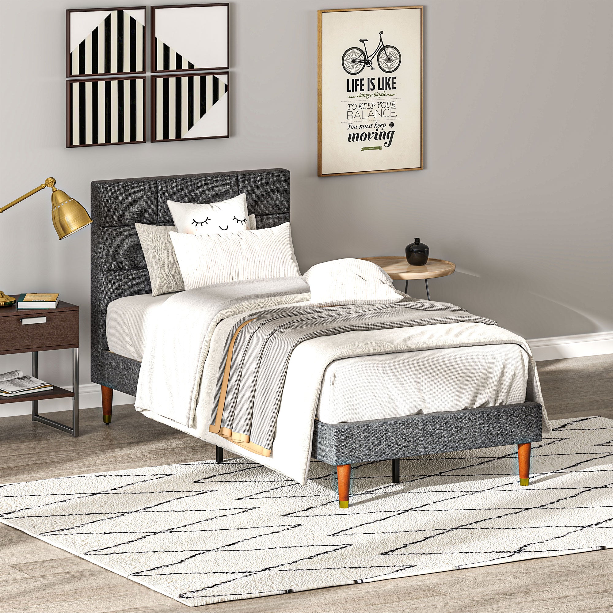 Upholstered Single Bed Frame with Wooden Slats - Grey