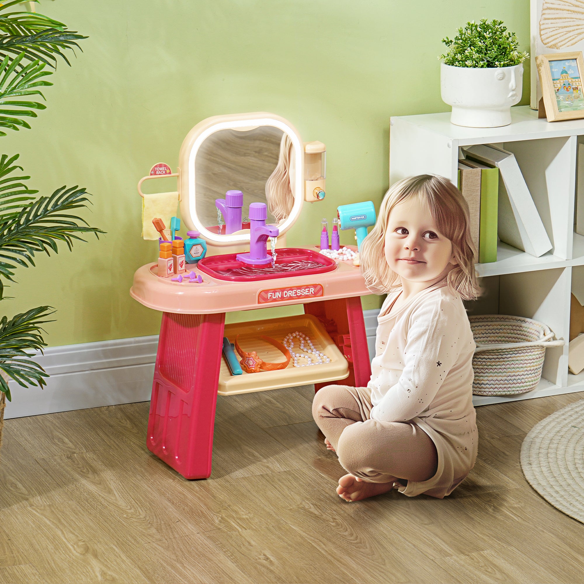 Kids Dressing Table with Mirror, LED Light, 23 Accessories, Pink