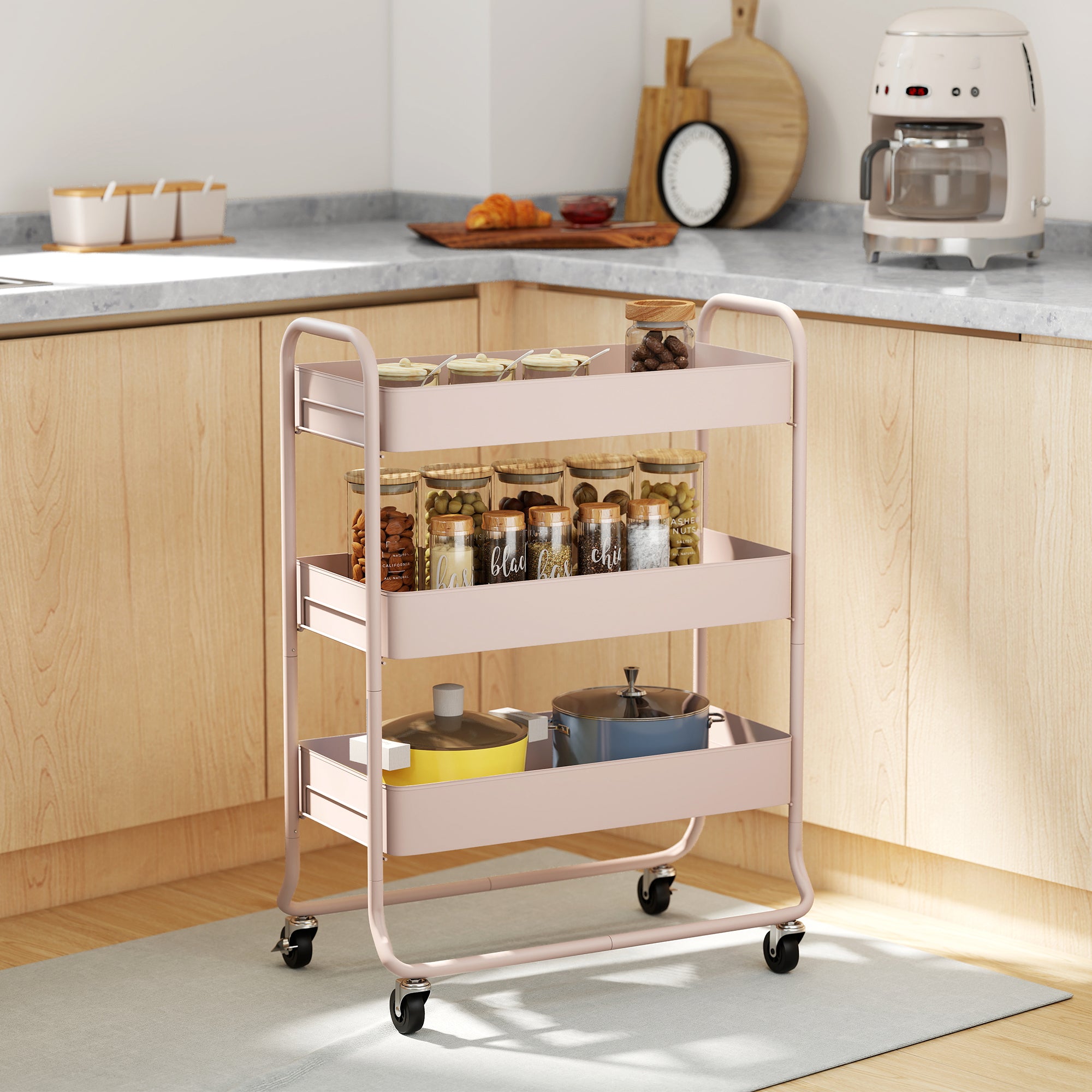 3-Tier Storage Trolley on Wheels, Rolling Utility Cart with Mesh Backets for Kitchen, Bathroom, Bedroom, Light Pink