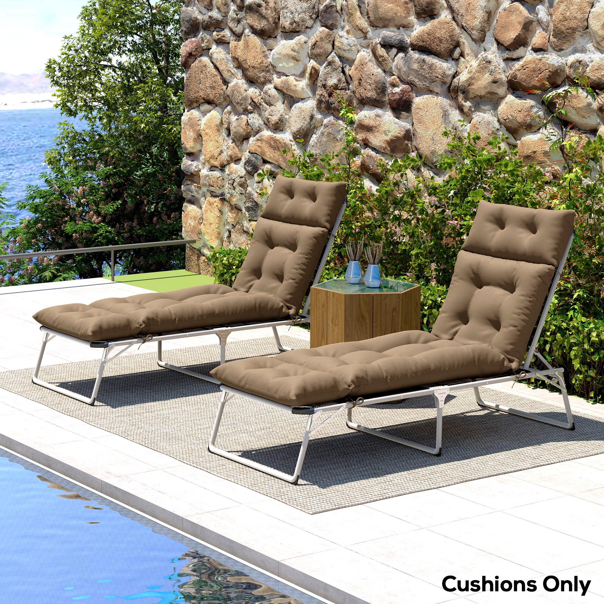 Set of 2 Sun Lounger Cushions with High-Resilience Foam - Khaki