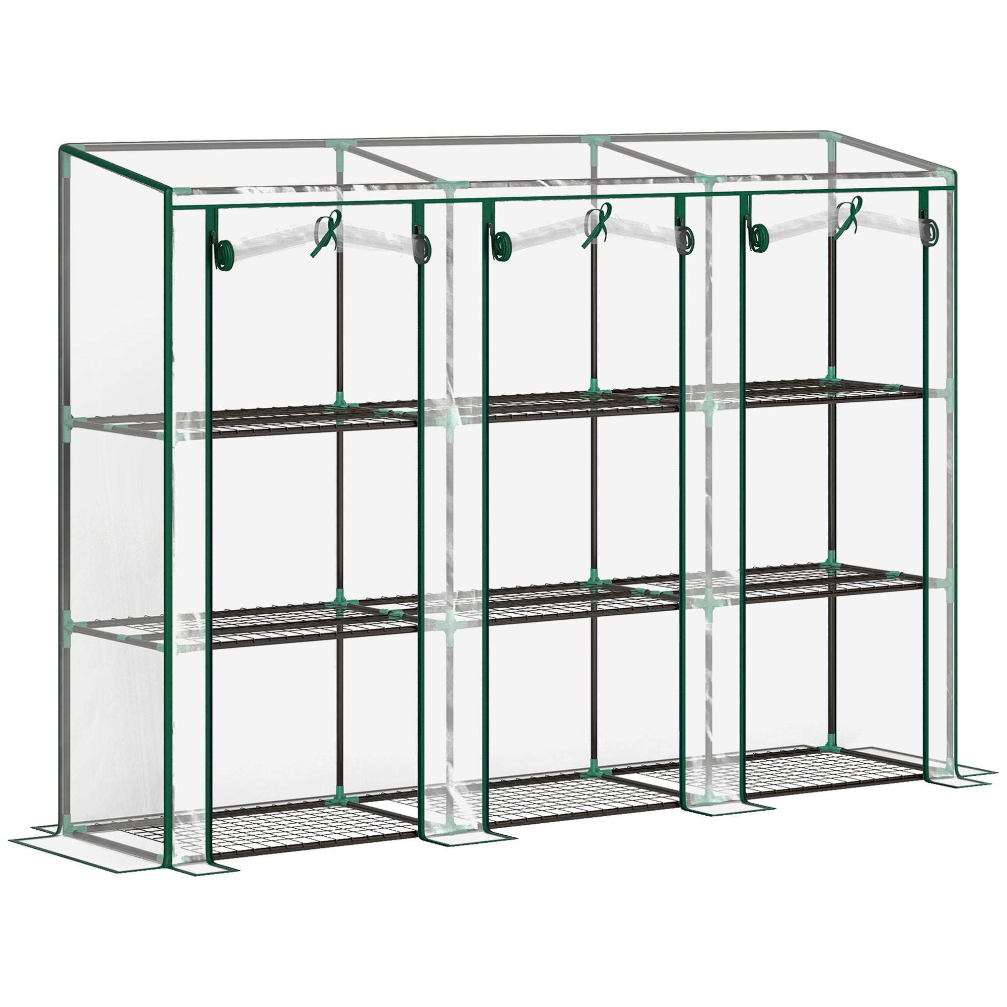 3 Tier Plastic Greenhouse with Roll-Up Doors and Shelves - Green