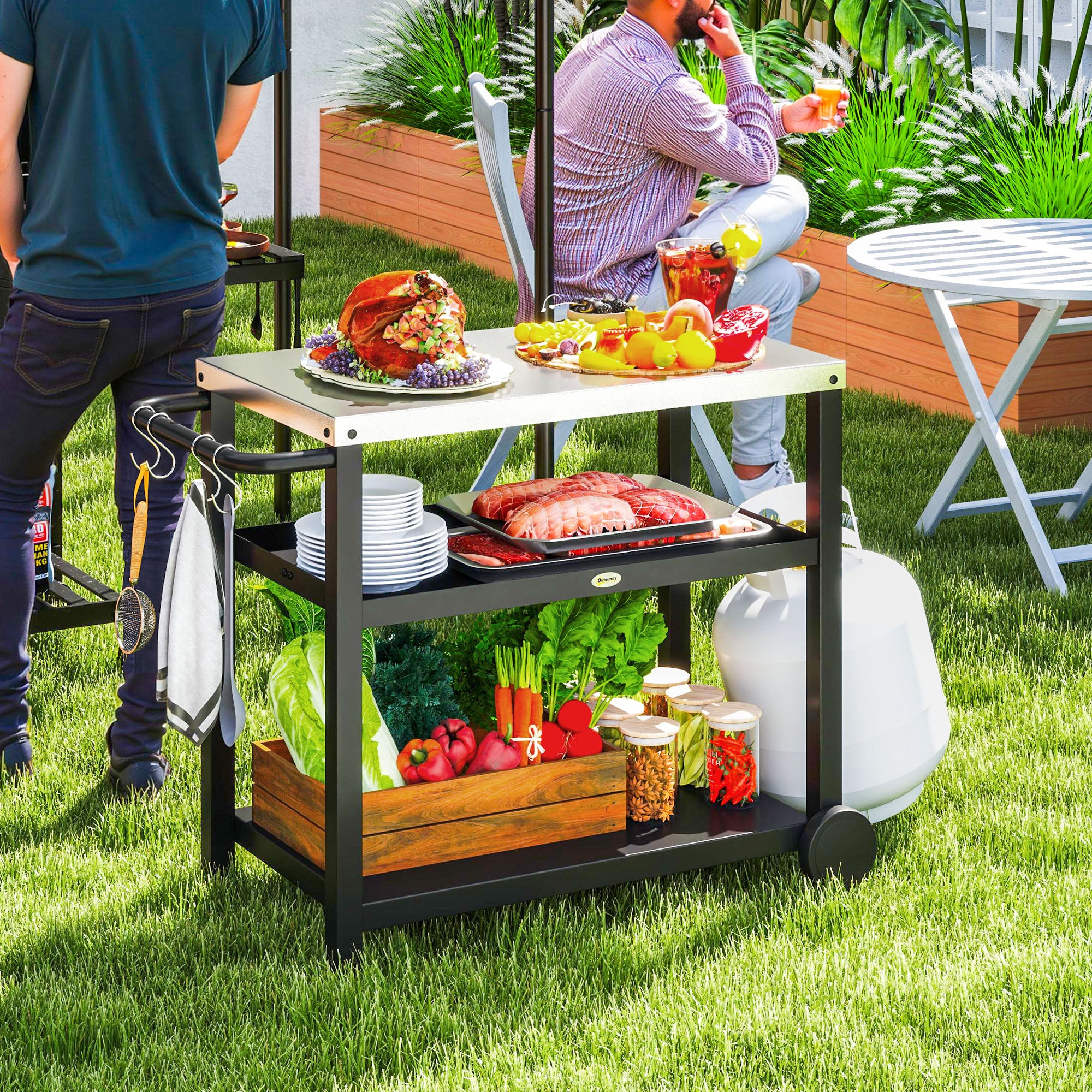 Outdoor Grill Dining Cart with 3 Shelves, Stainless Steel Top & Wheels - Charcoal Grey