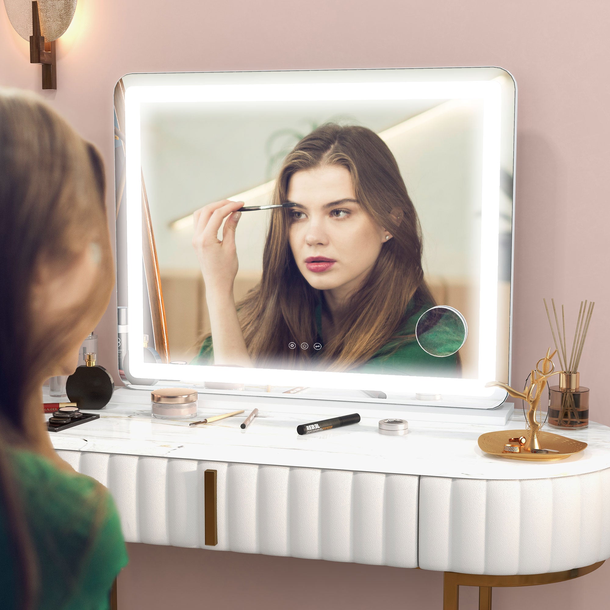 Vanity Mirror with Lights, Large 80x62 cm Lighted Makeup Mirror with 3 Colour, 10X Magnifying, USB Charging Port, Touch Screen, Tabletop or Wall Mounted Design, White