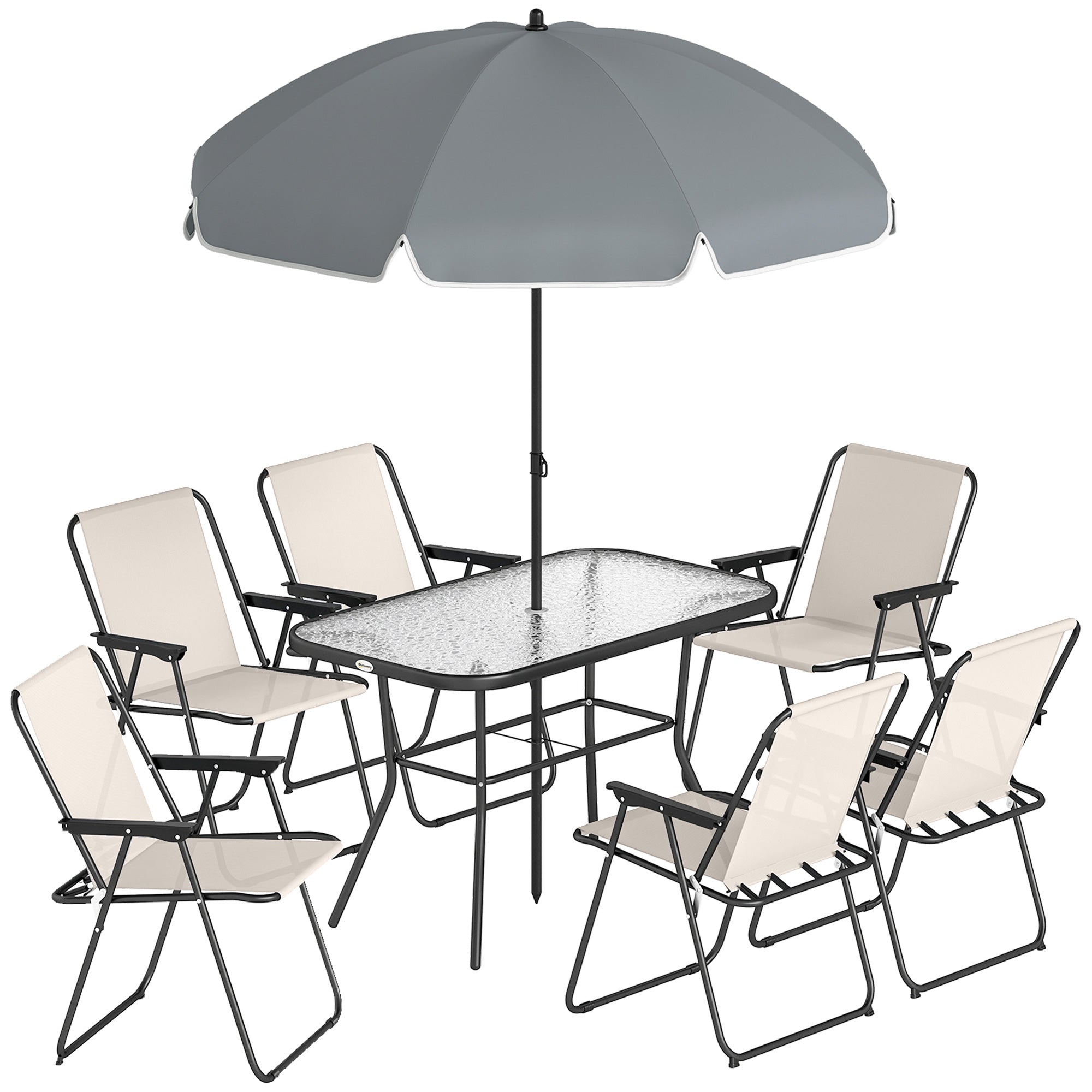 8 Piece Garden Dining Set with Umbrella Garden Furniture Set with 6 Folding Chairs, Tempered Glass Table for Patio Cream