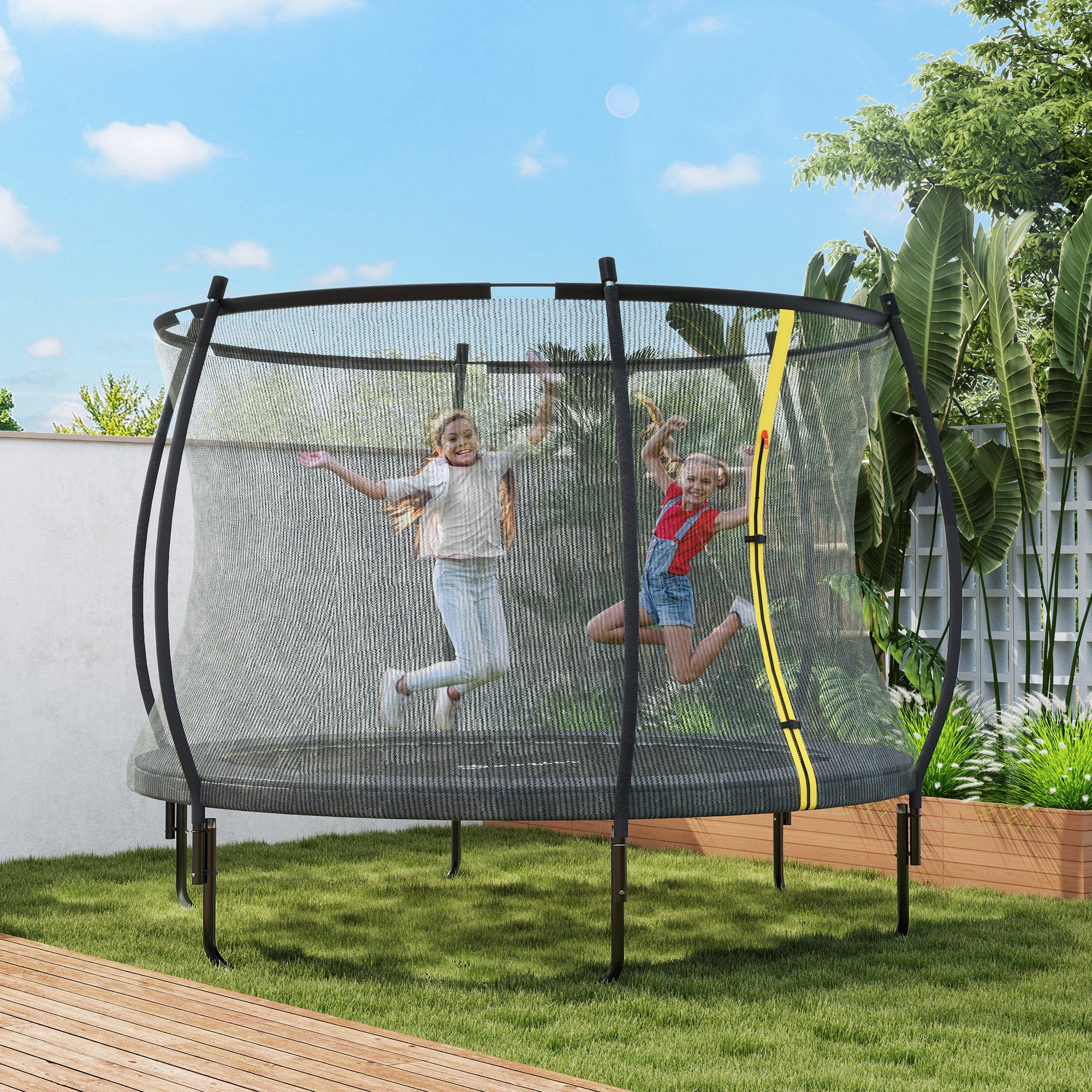 8ft Trampoline with Enclosure Net and Spring Cover, Outdoor Trampoline Garden Jumping Mat, Black