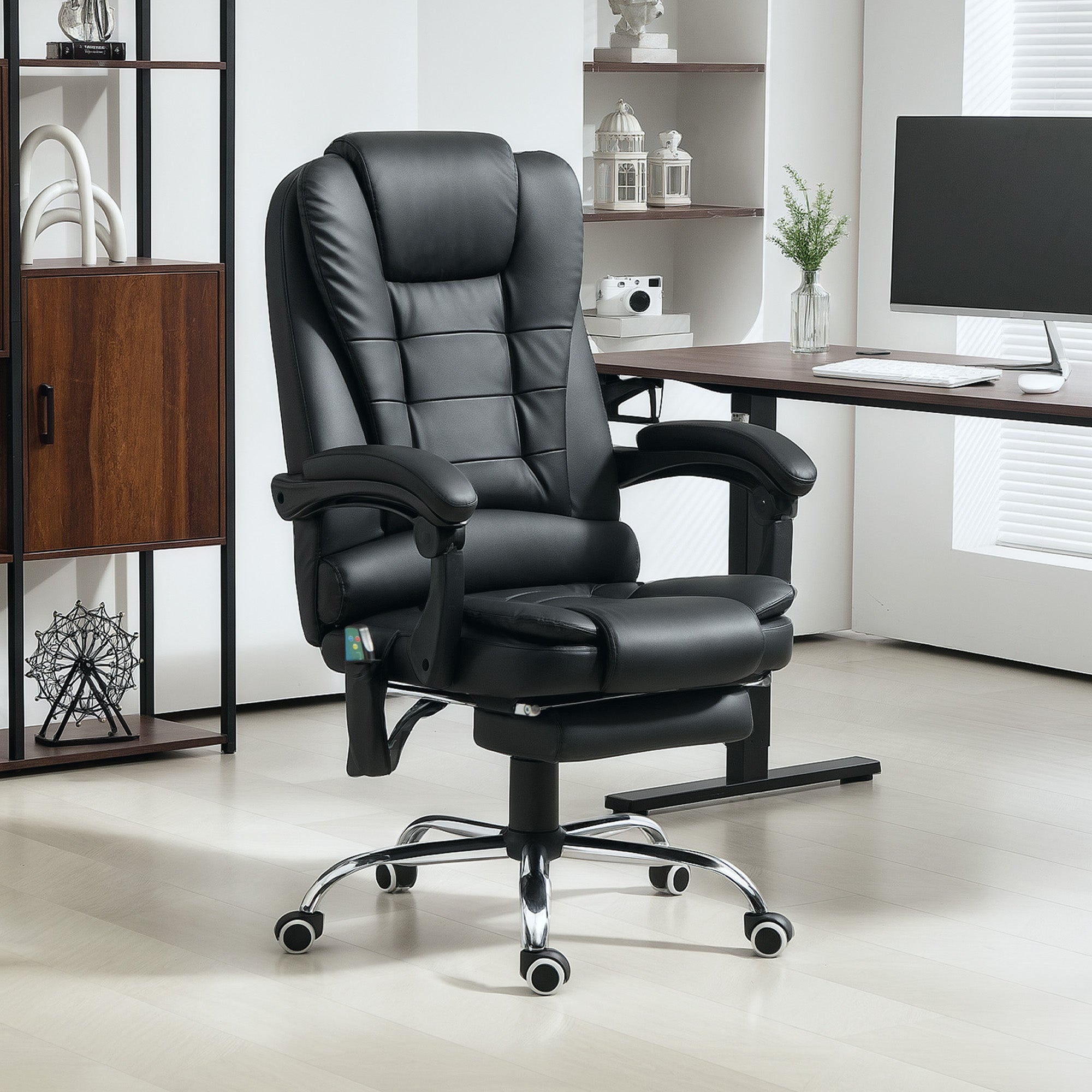 Heated 6-Point Vibration Massage Executive Ergonomic Office Recliner Chair with Footrest - Black