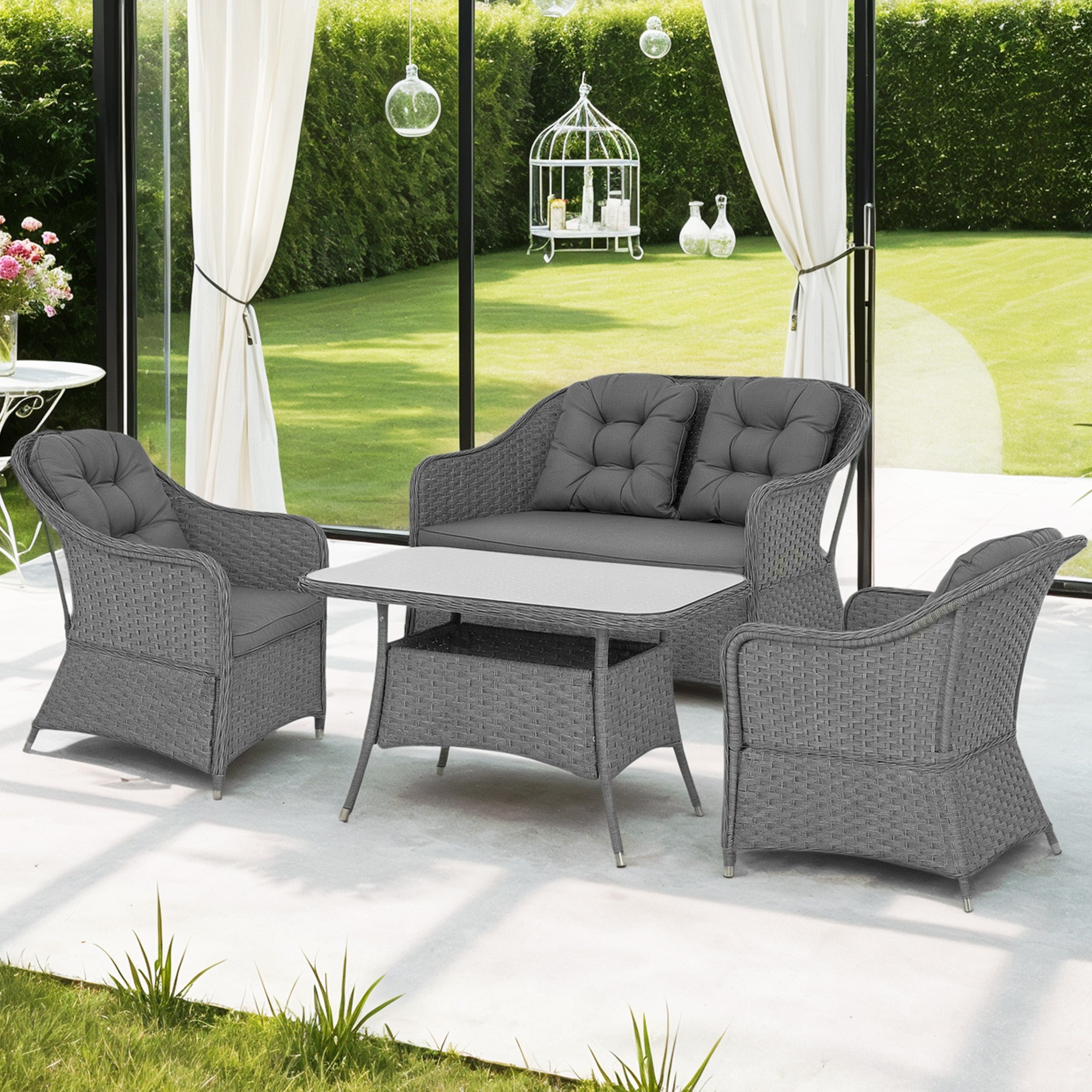 4 Piece Aluminium Frame Rattan Garden Set With Glass-Top Table Light Grey