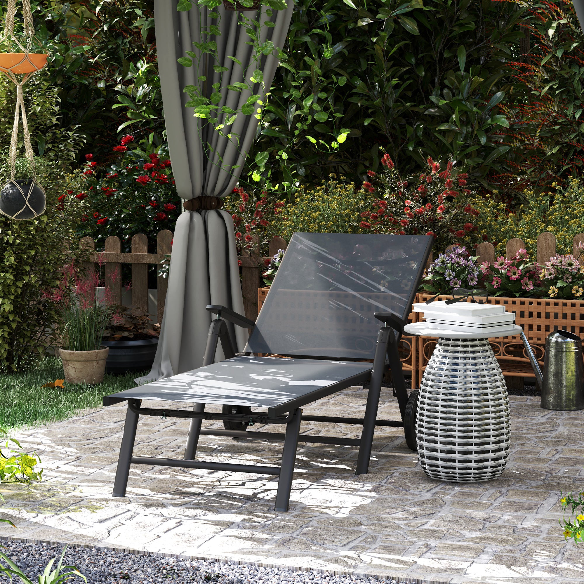 Folding Sun Lounger with Adjustable Backrest and Wheels - Grey