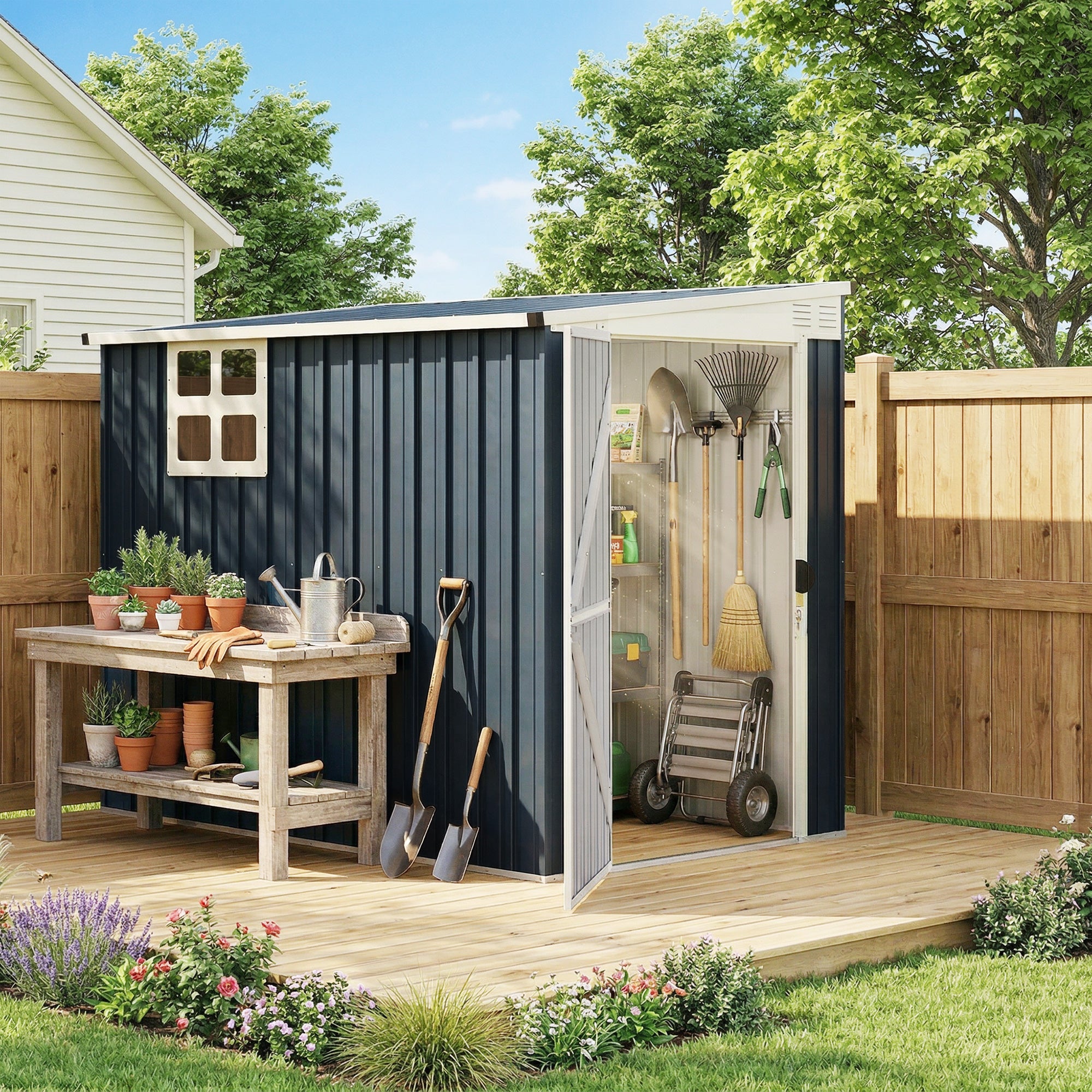 7.6 x 4ft Garden Metal Shed, Outdoor Storage Shed with Window, 2 Vents and Lockable Door for Garden, Patio, Dark Grey