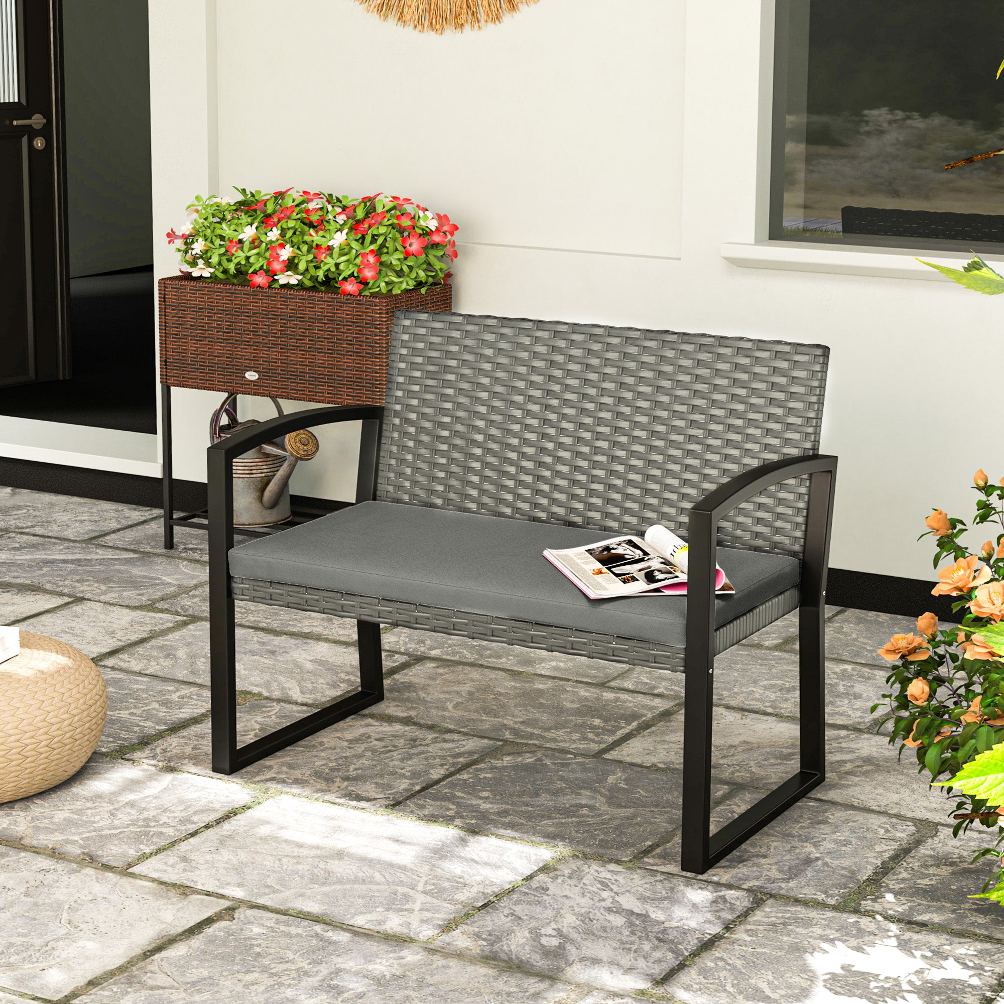 Two-Seater Rattan Garden Bench with Cushion - Grey/Black