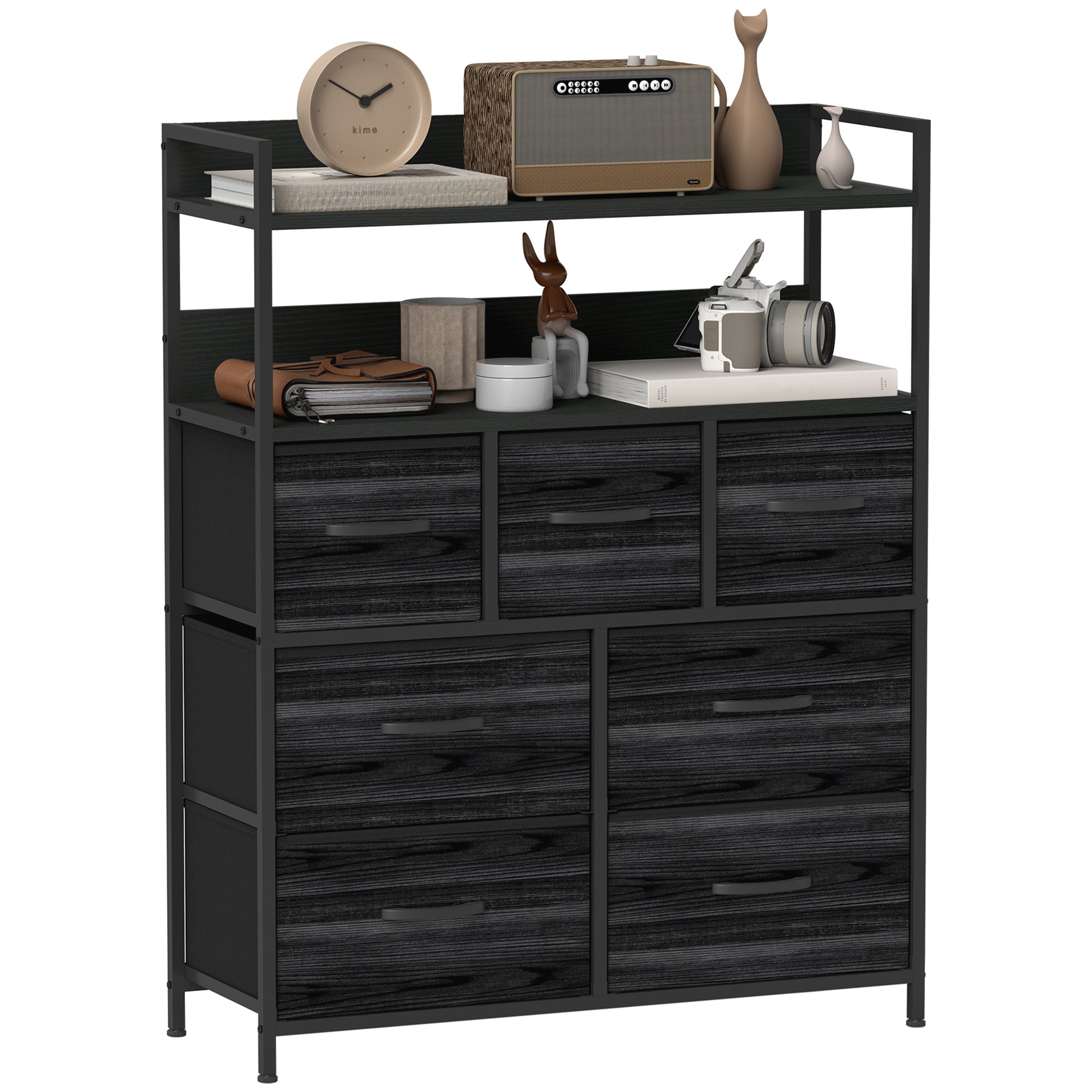 Rustic Chest of Seven Fabric Drawers with Steel Frame - Black