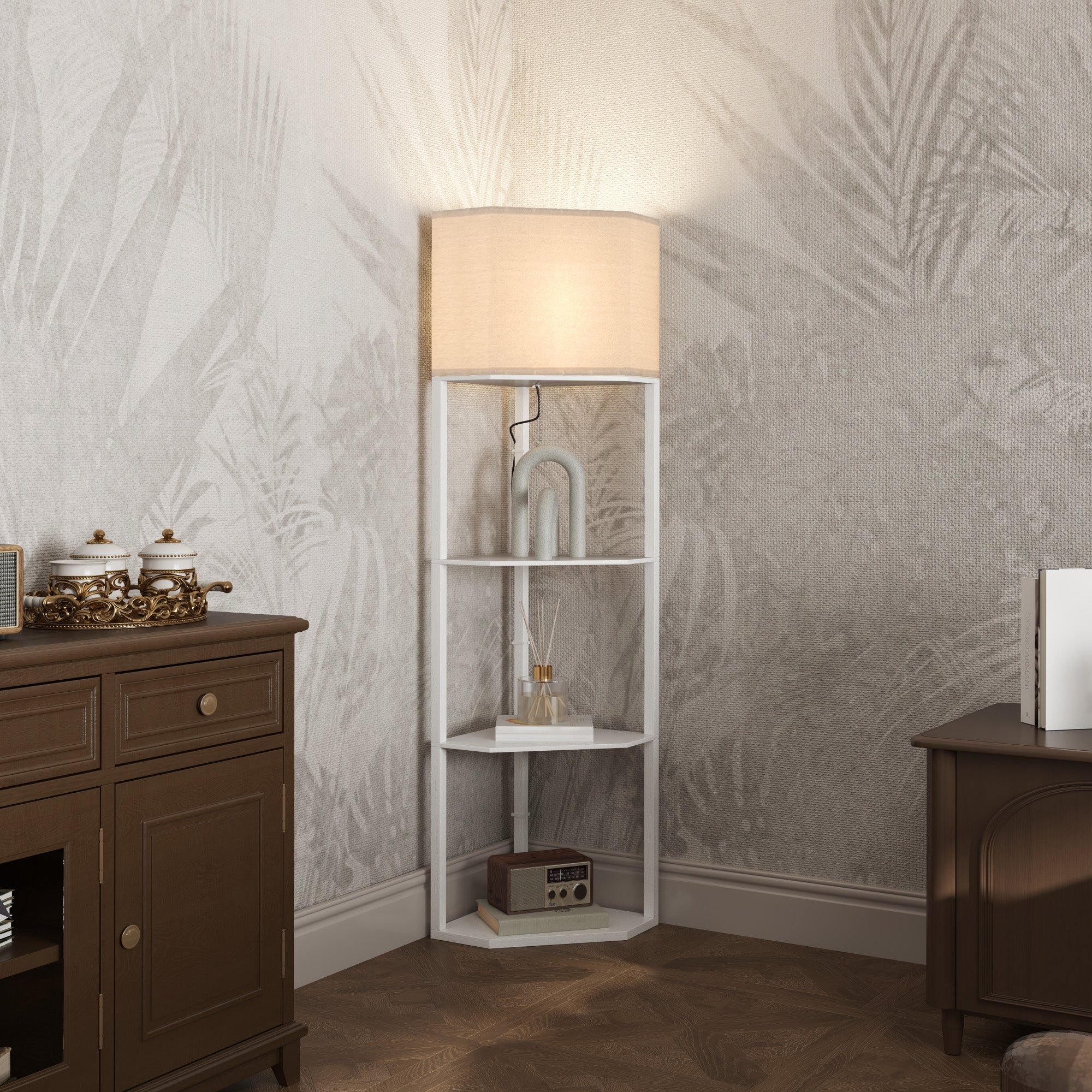 Three-Shelf Corner Floor Lamp with Storage Shelves - White