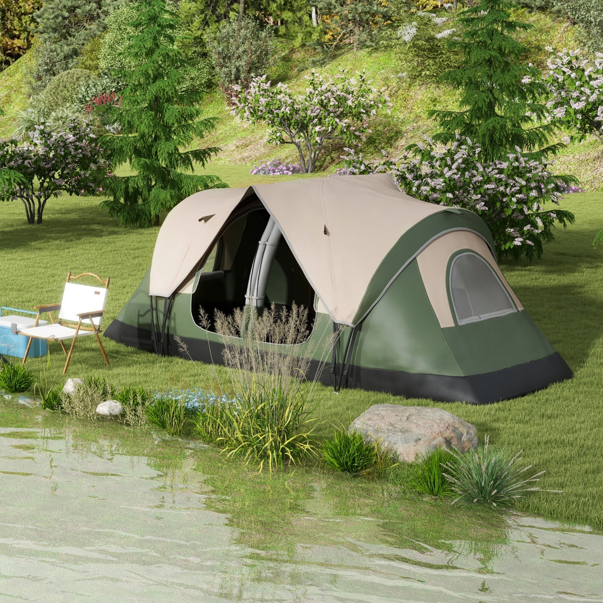Spacious Waterproof Camping Tent for 6-8 People - Dark Green