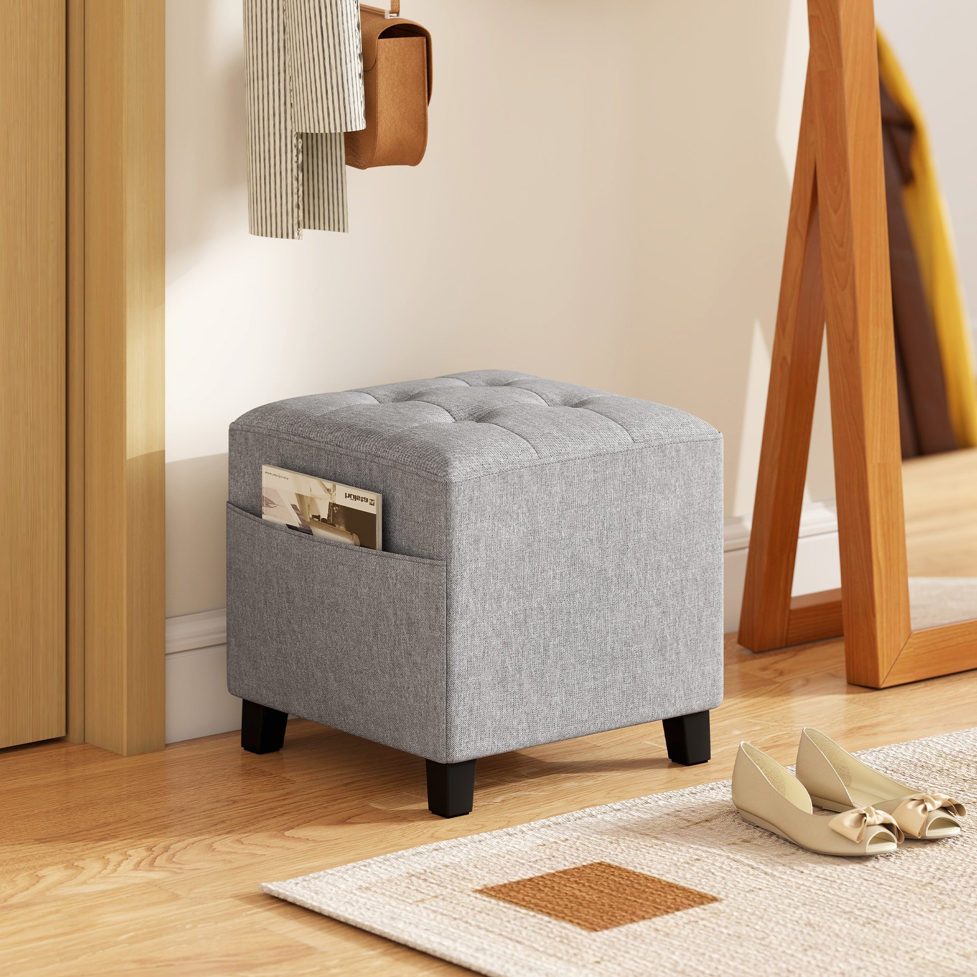 Square Footstool, Small Ottoman with Side Pocket, Linen Fabric Footrest Foot Stool with Rubber Wood Legs and Padded Seat for Living Room, Bedroom, Entryway, 35 x 35 x 35cm, Light Grey