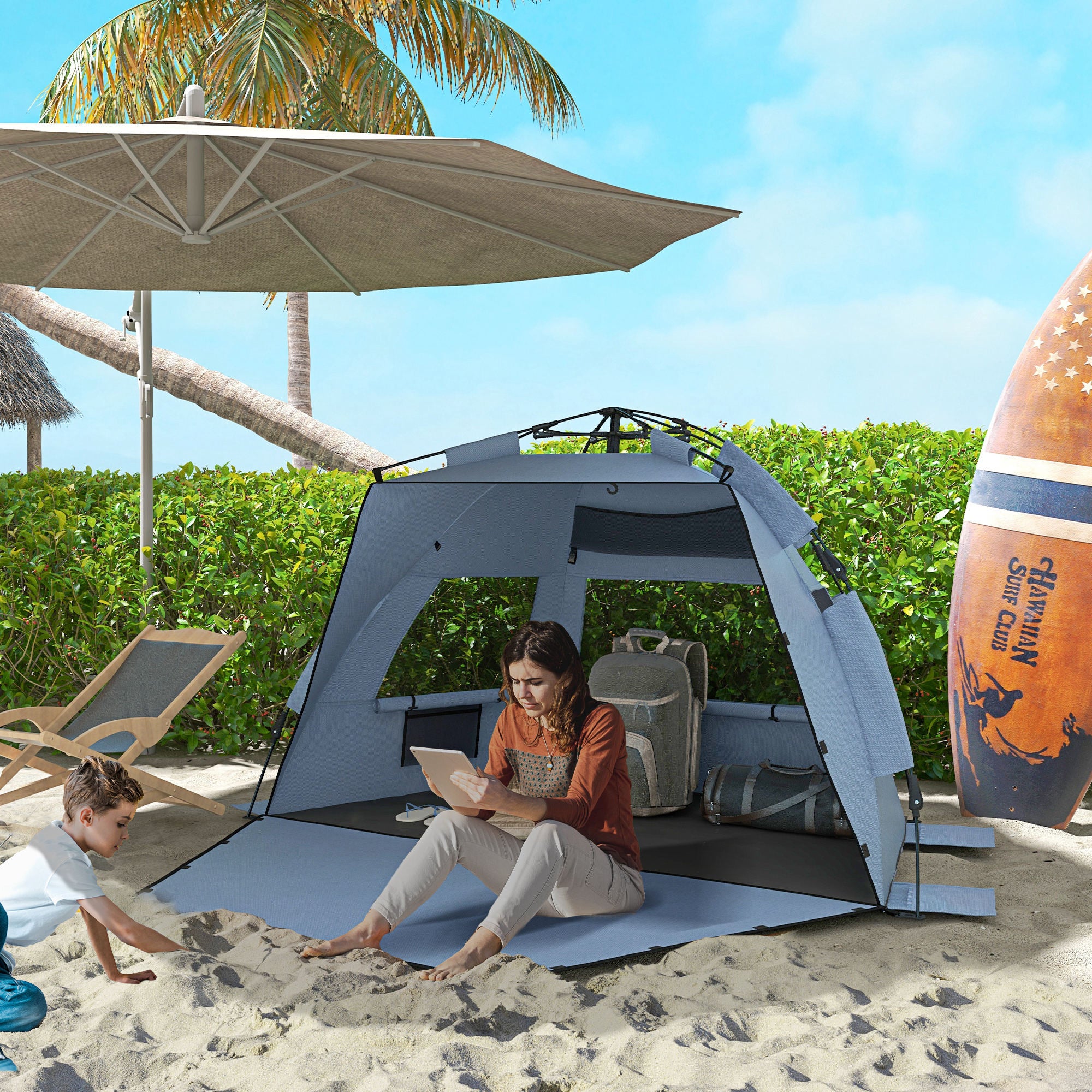 Quick Pop Up Beach Tent for 2-3 People with UPF15 Protection - Light Blue