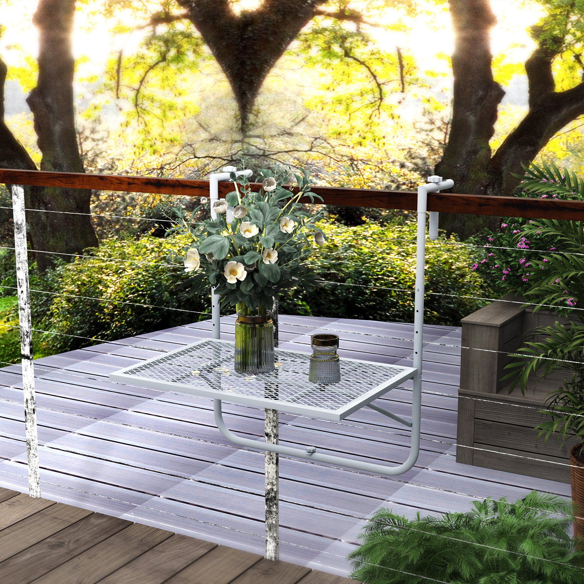 Balcony Hanging Table, Metal Wall Mount Desk, Adjustable Folding Balcony Deck Table for Patio and Garden, Grey