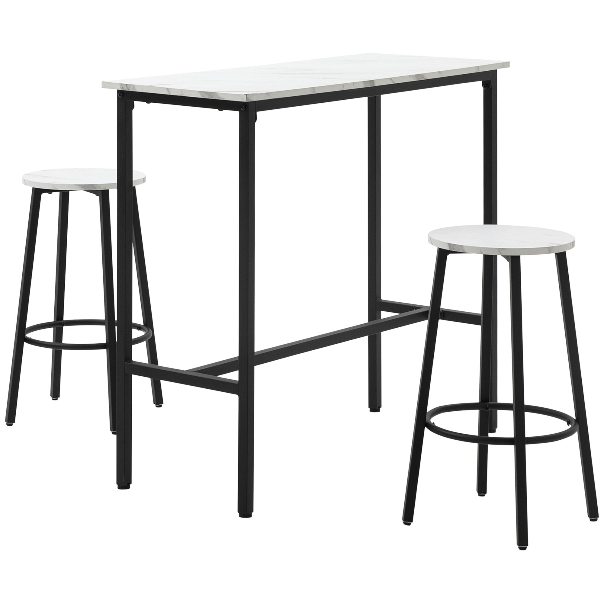 Three-Piece Marble-Effect Bar Table and Stools Set - White/Black