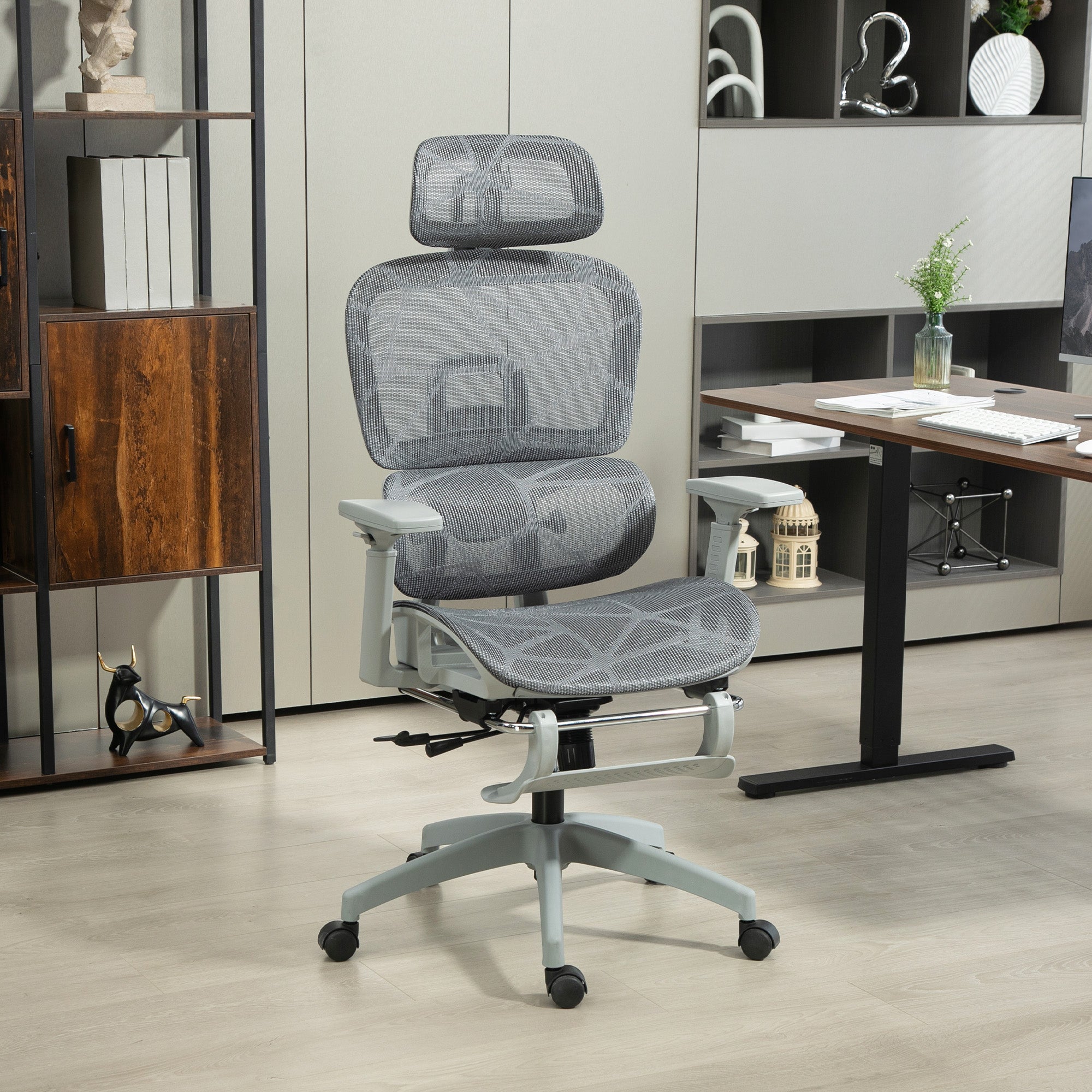 Multi-Adjustable Ergonomic Mesh Office Chair with Reclining and Footrest - Grey