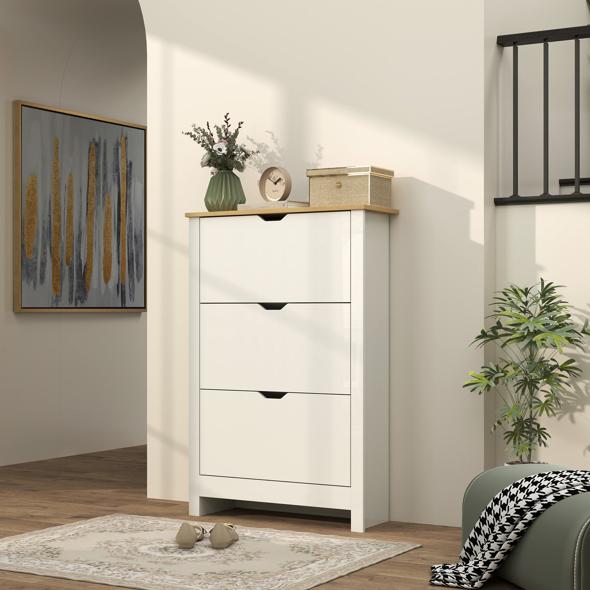 Slim Narrow Shoe Cabinet with 3 Flip Drawers and Adjustable Shelves for 18 Pairs of Shoes - High Gloss White